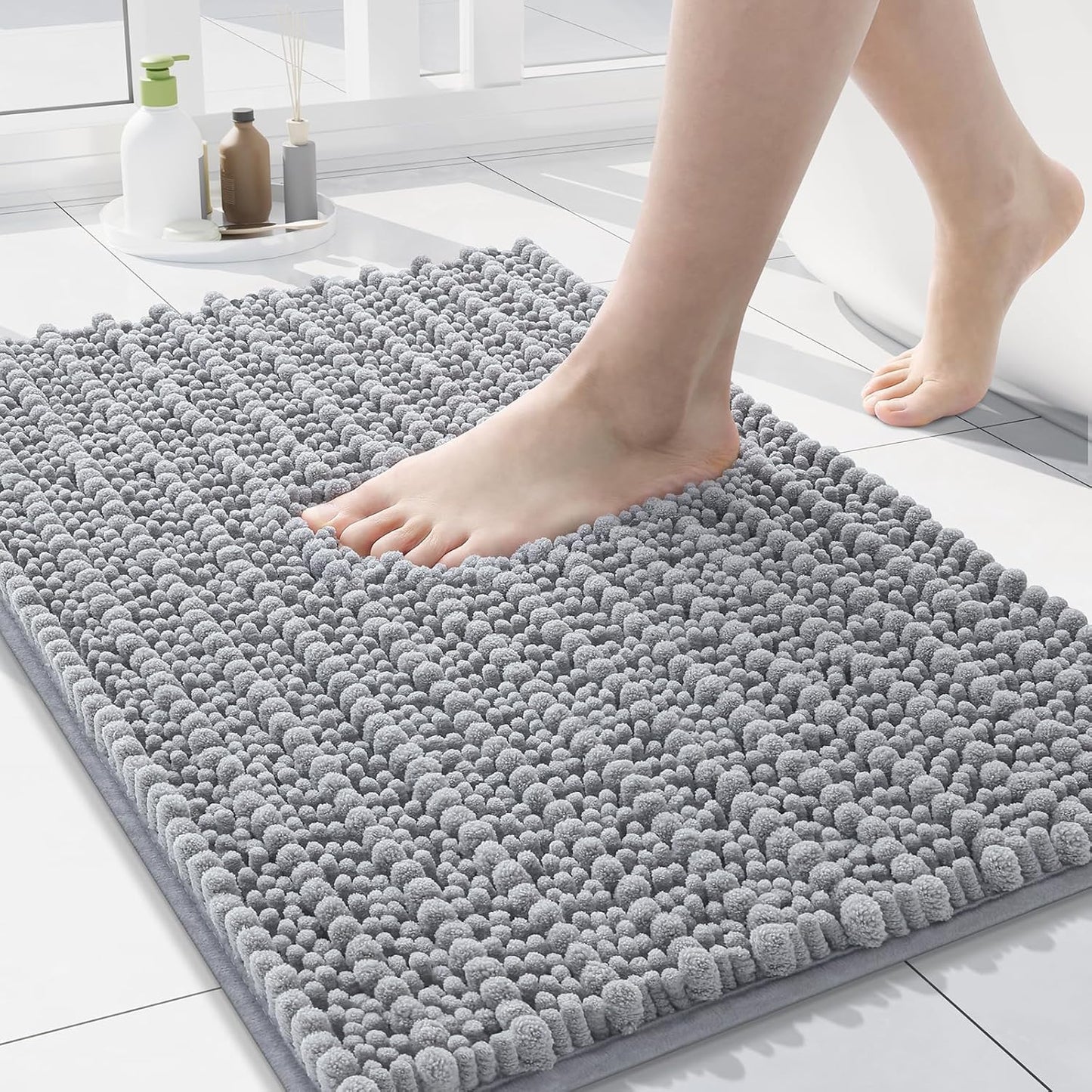 Arotive Luxury Chenille Bathroom Rug Mat, Extra Soft Thick Absorbent Shaggy Bath Rugs, Non-Slip Machine Wash Dry, Plush Bath Mats for Bathroom, Shower and Tub, 24x16, Light Grey