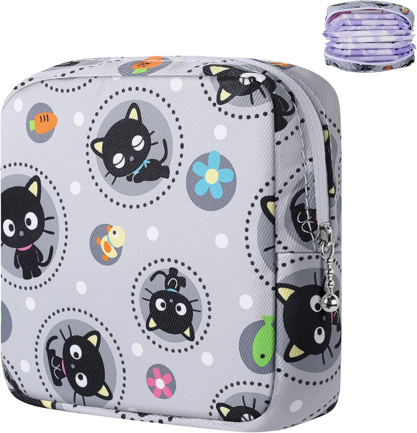 Period Bag Pouch, Canvas Sanitary Napkin Storage Bag for Girls Womens, Portable Sanitary Napkin Period Pad Pouch for Purse, Small Make Up Bags(Gray Cat)