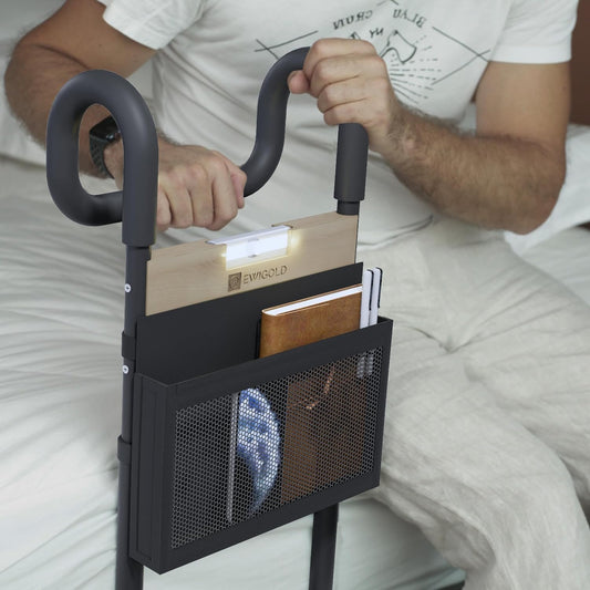 Bed Rails for Elderly Adults Safety - Bed Assist Rail with Height-Adjustable Handle - Bedside Hand Guard Grab Bar with Motion Light and Storage Pocket - Bedside Assist Bar Fits All Bed Sizes