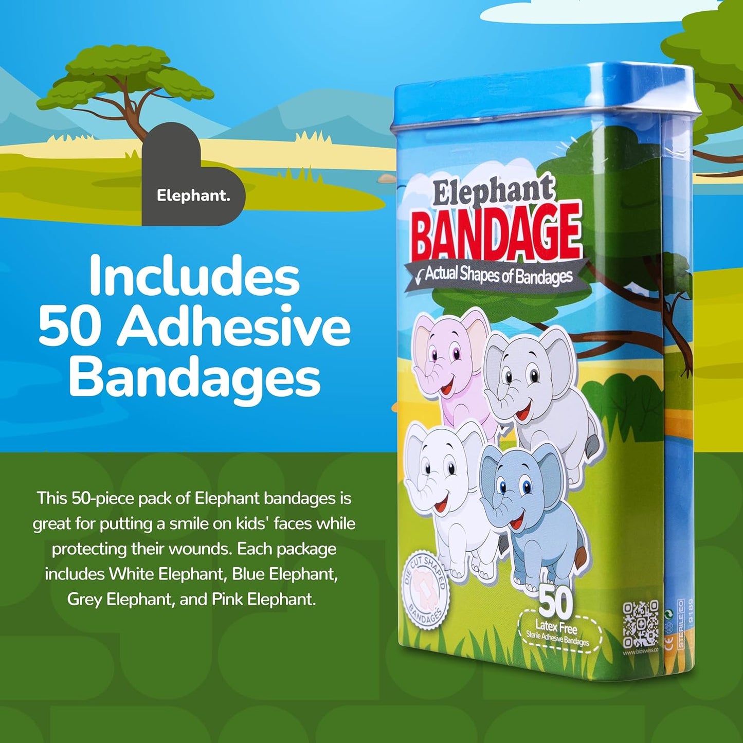 BioSwiss Kids Bandages, Elephant Shaped Self Adhesive Bandage, Latex Free, Sterile Wound Care, 50 Count
