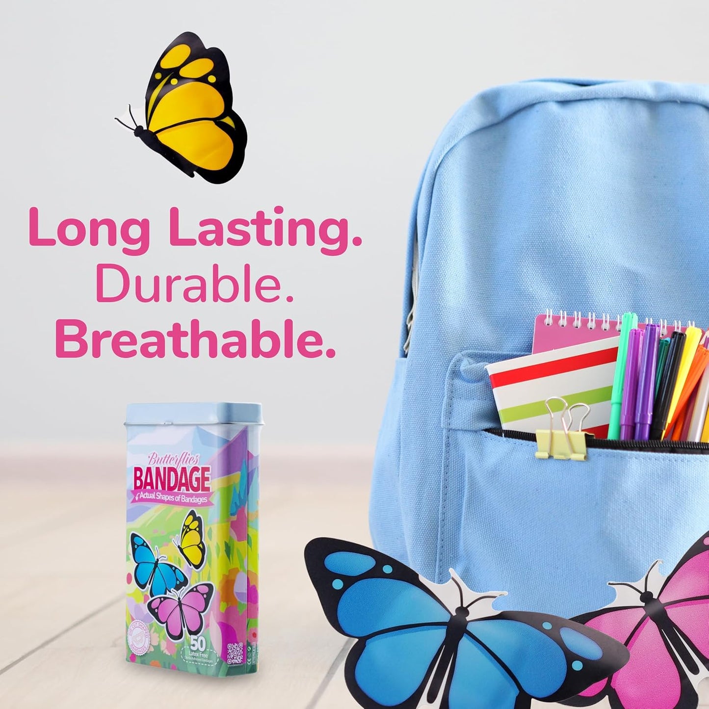 BioSwiss Kids Bandages, Butterfly Shaped Self Adhesive Bandage Set, Latex Free, Sterile Wound Care, 50 Count