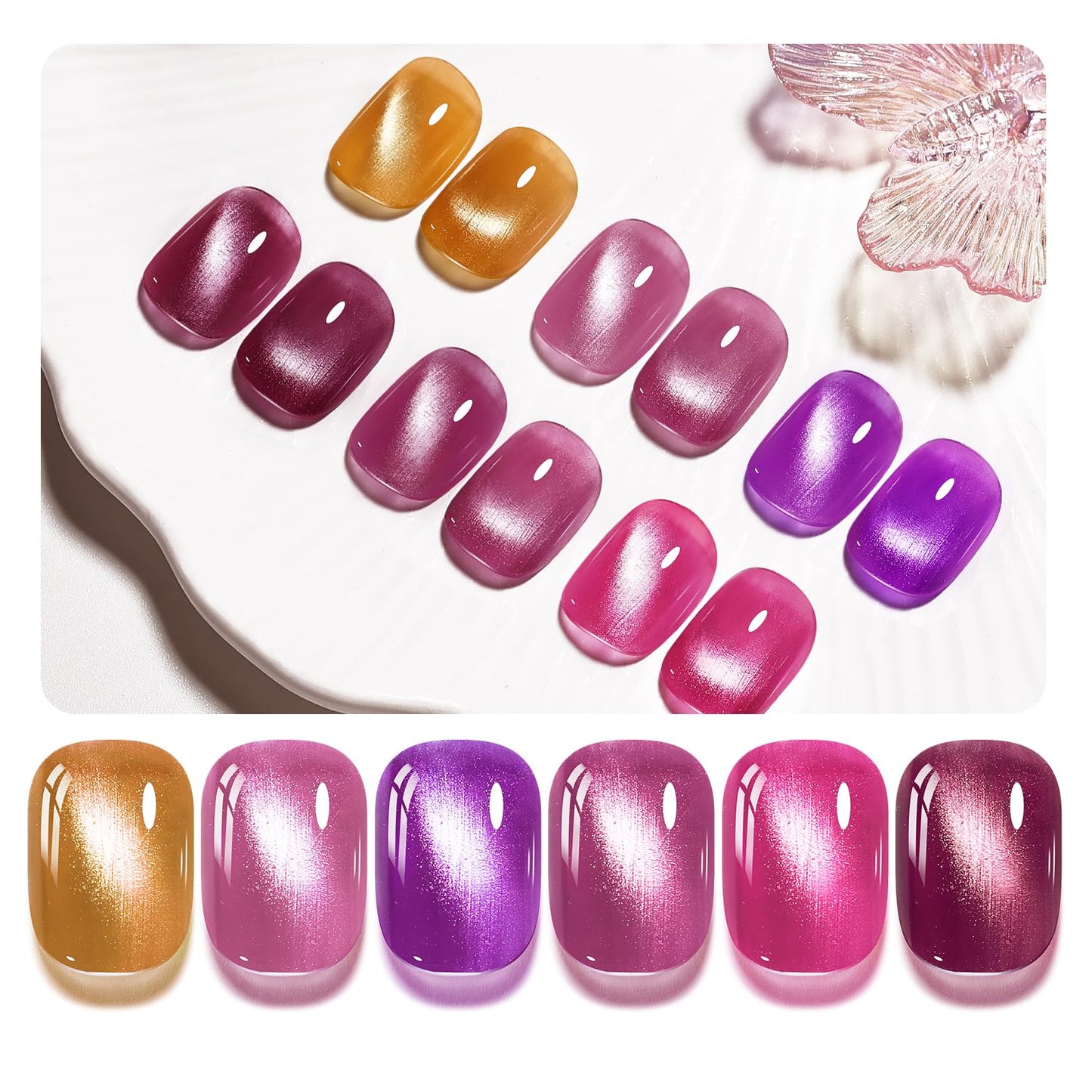 6 Colors 10ml Strawberry Molten Gold Cat Eye Nail Polish with Magnet Stick Quick Dry Nail Polish for Women Salon DIY Nail Art