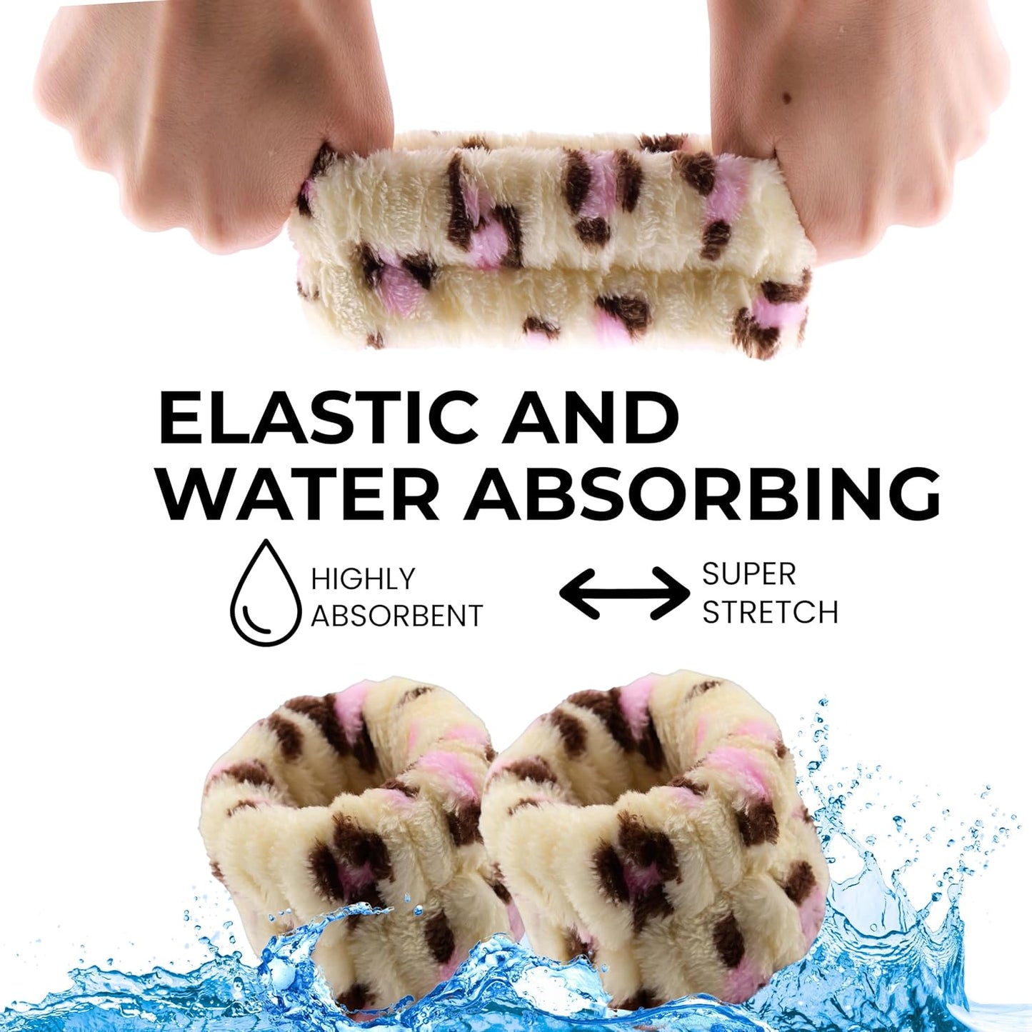 Spa Headband Wrist Band for washing face set Sponge Makeup Skincare Headband Wrist Towels Bubble Soft Terry Towel Cloth Hairband for Women Puffy Headwear Non Slip Thick Thin Hair Headwear (Leopard)