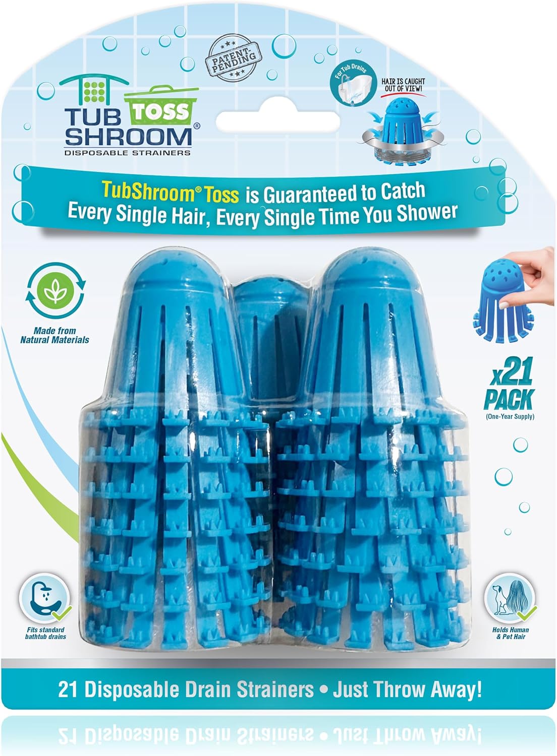 TubShroom Toss 21pk Disposable Bath Tub Drain Strainers - Hair Catcher Snare for Shower Bathtub to Prevent Clogged Drains, Traps Human and Pet Hair, One Year Supply (Blue)