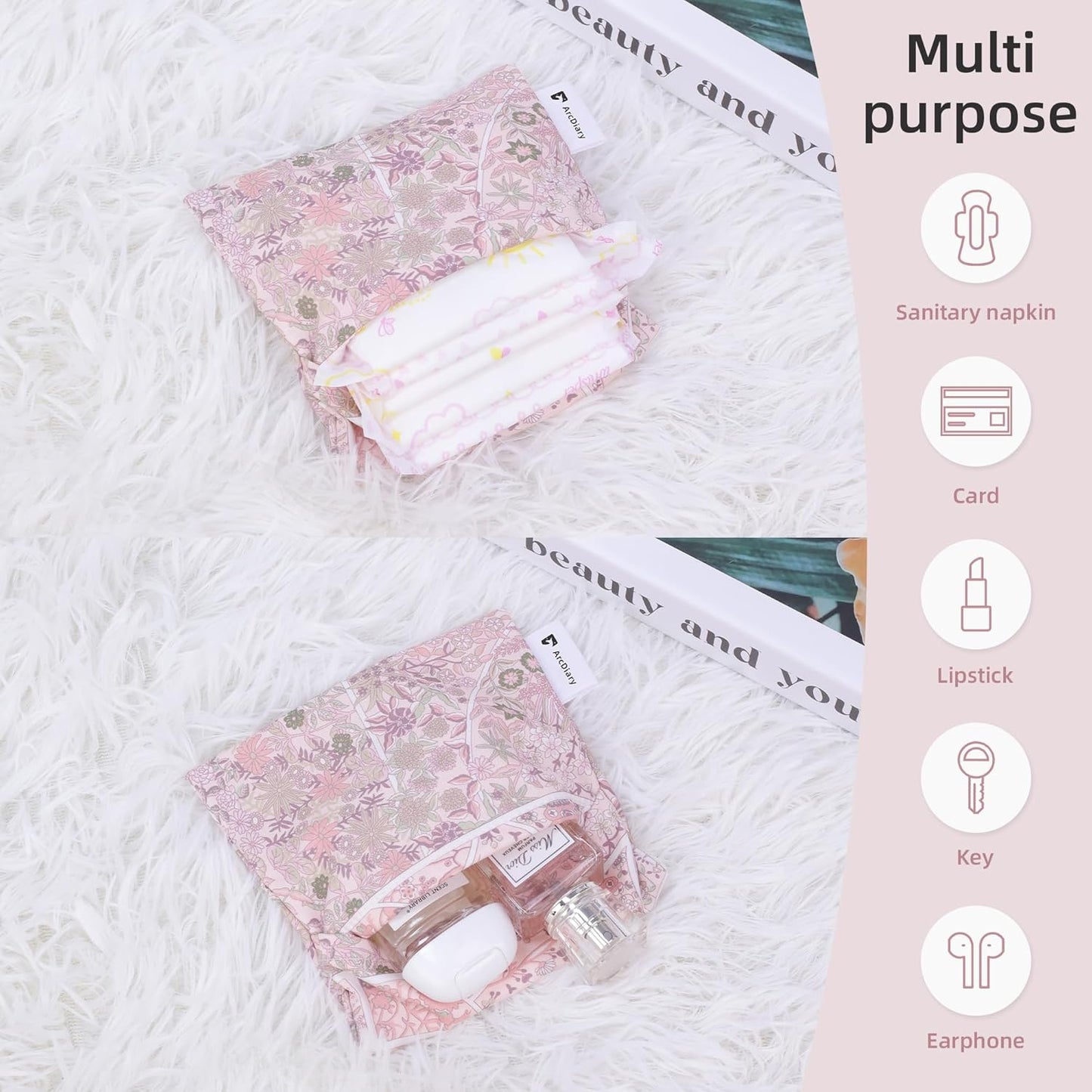 Period Bag for Teen Aged Girls, Portable Sanitary Pad Storage Bag for Teen Pads/Sanitary Napkins/Small Tampons, Feminine Menstrual Cup Pouch (Peach Blossoms)