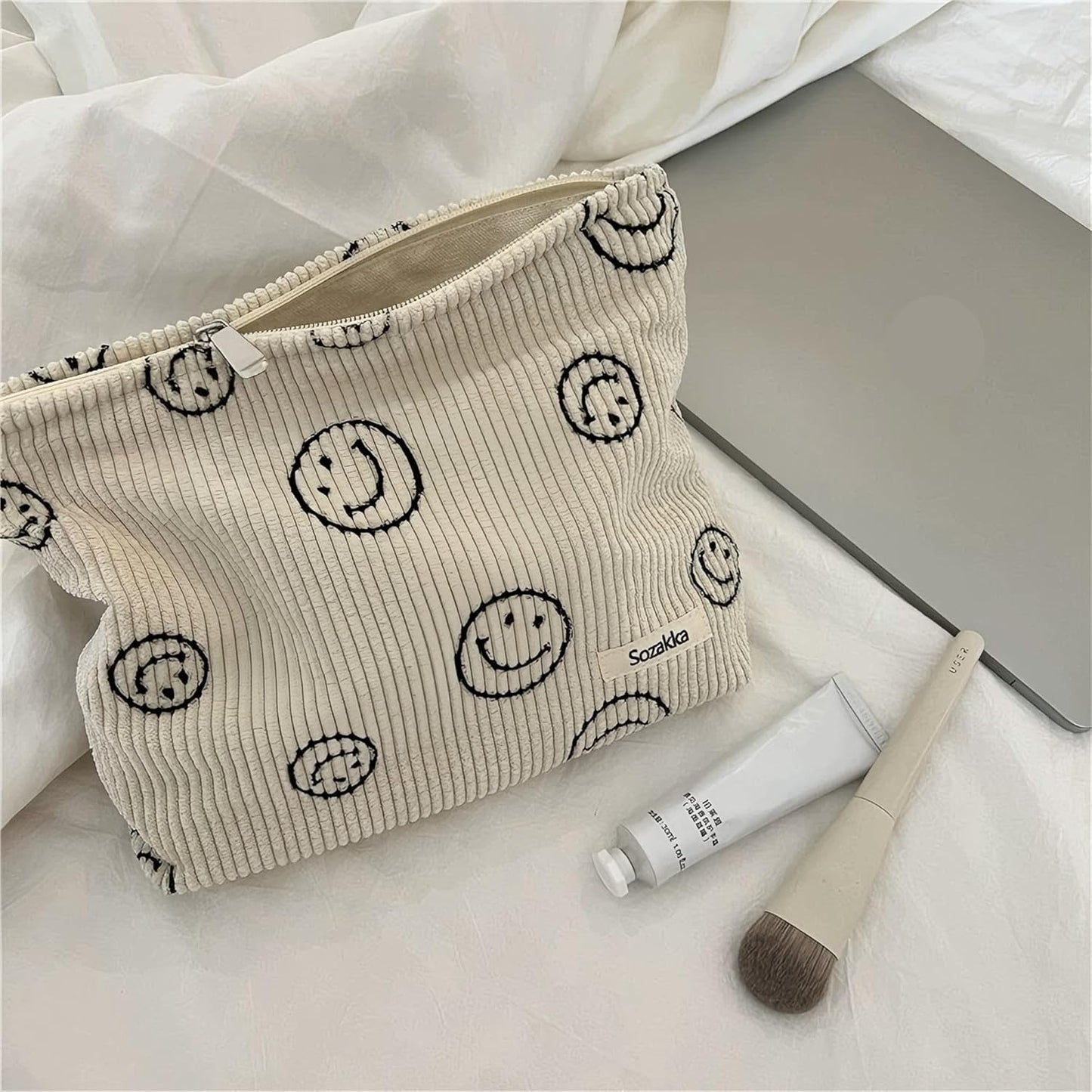 Cosmetic Bags for Women - Corduroy Cosmetic Bag Aesthetic Women Handbags Purses Smile Dots Makeup Organizer Storage Makeup Bag Girls Case Bags (A-Beige)
