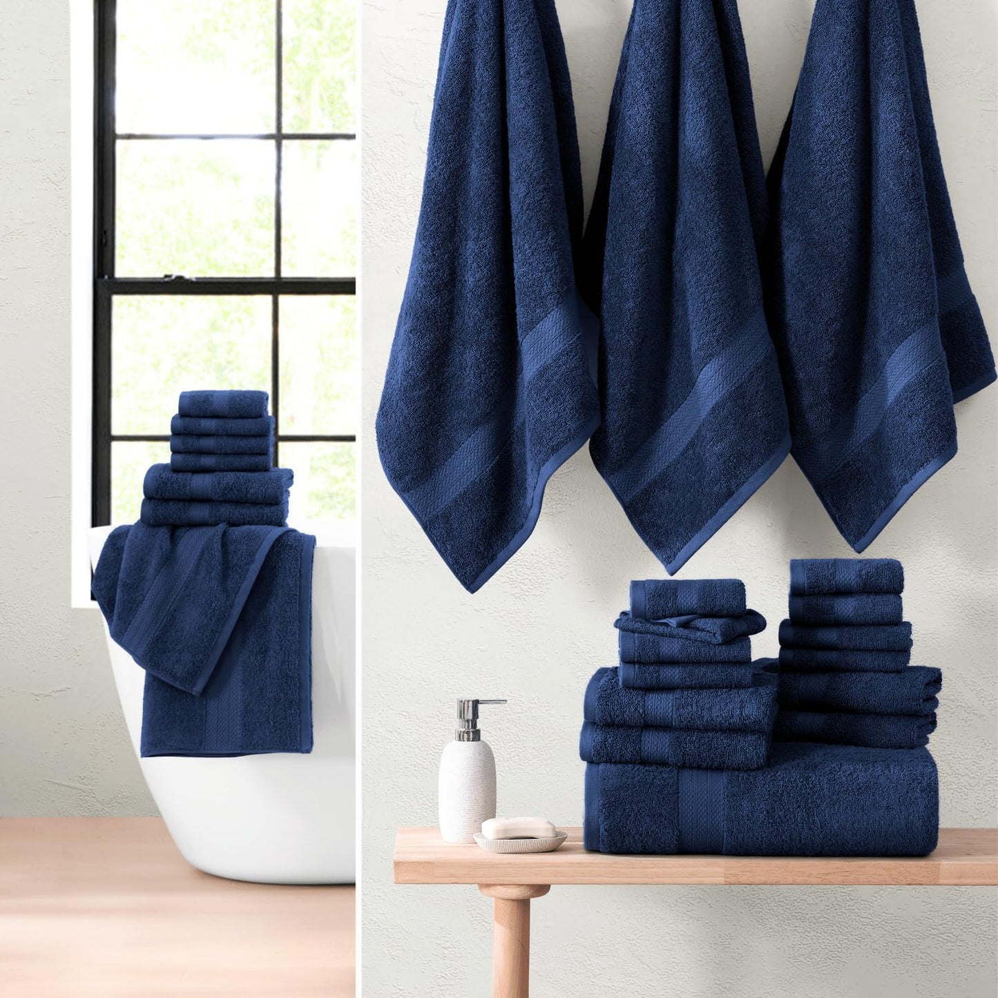 Lane Linen 100% Cotton Bathroom Towel Set - 24 Pcs - Fluffy, Super Soft & Absorbent - 2 Bath Sheets, 4 Fingertip, 4 Bath, 6 Hand Towels, 8 Washcloths - Ring Spun, Double Sided Cotton Terry - Navy Blue