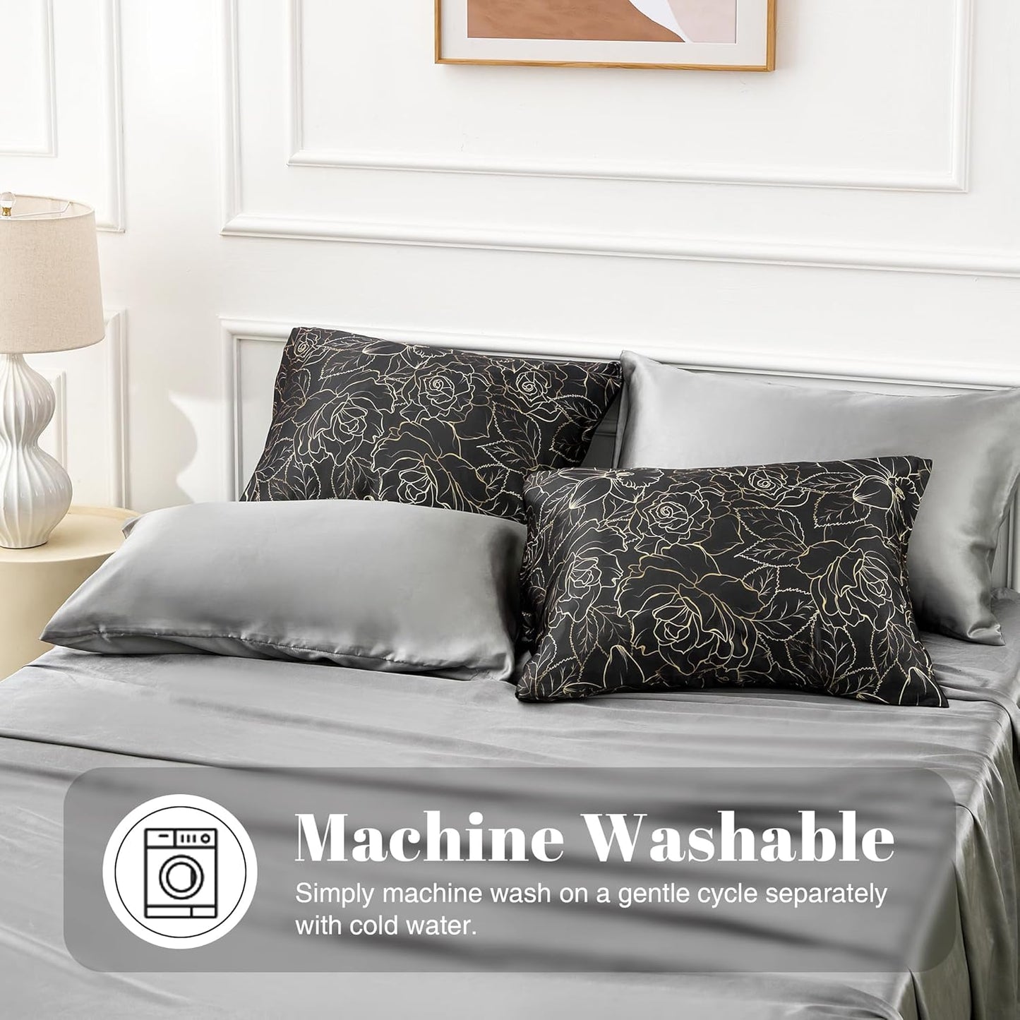 EXQ Home Satin Pillowcase for Hair and Skin- Rose on Black Silk Pillowcase 2 Pack 20x40 inches - King Size Pillow Cases with Envelope Closure, Gifts for Women