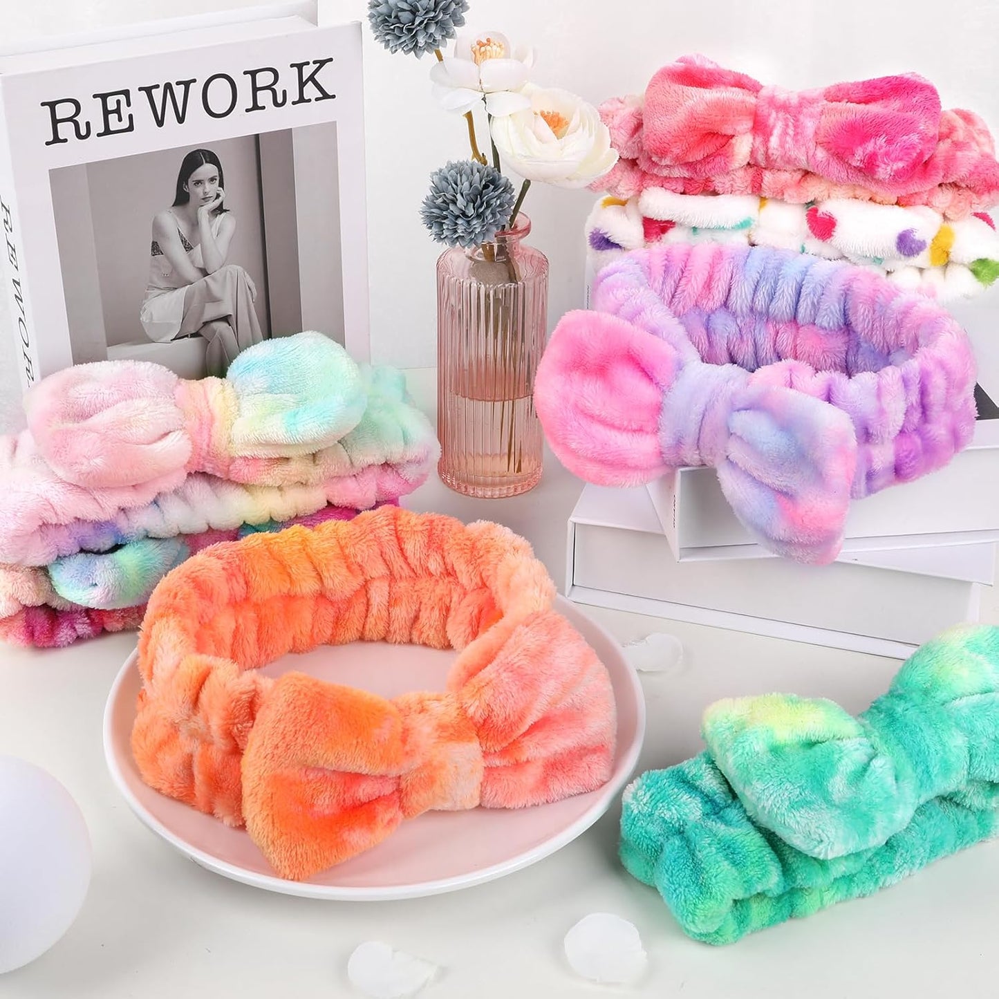 UMIKU 7 Pack Spa Headband for Women Facial Makeup Headband Soft Coral Fleece Bow Hair Band Head Wrap for Washing Face Mask Party Favors Christmas Gifts Stocking Stuffers Adult Spa Gifts for Women