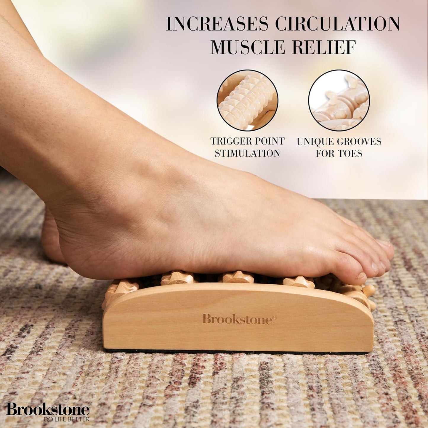Brookstone Wooden Foot Roller Massager - Deep Tissue Reflexology & Trigger Point Therapy for Plantar Fasciitis, Arch & Heel Pain Relief - Portable Manual Massager, Ideal Gift for Home or Travel
