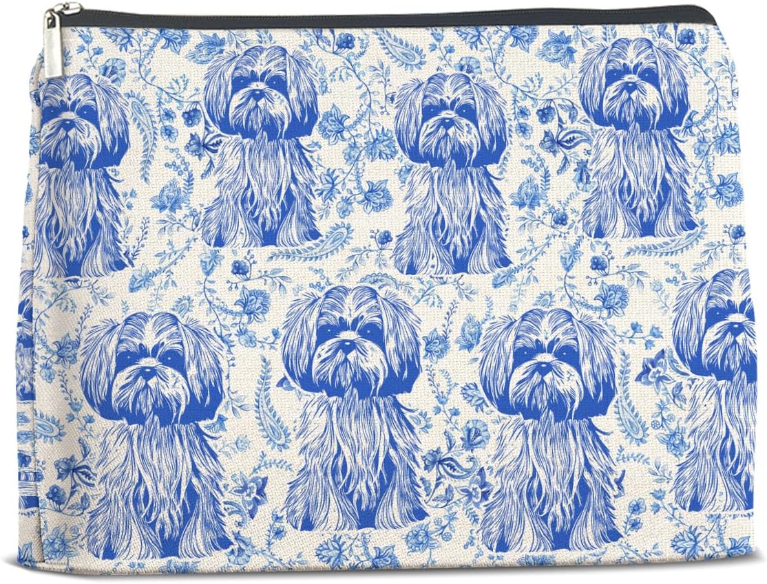 Shih Tzu Blue Makeup Bag Gifts for Women Dog Mom Cute Shih Tzu Cosmetic Bag Zipper Pouch