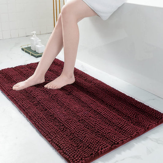 Grandaily Chenille Striped Bathroom Rugs 47x24, Extra Thick and Absorbent Bath Mats, Non-Slip Soft Plush Shaggy Shower Carpet, Machine Wash Dry, Bath Rug for Bathroom, Burgundy
