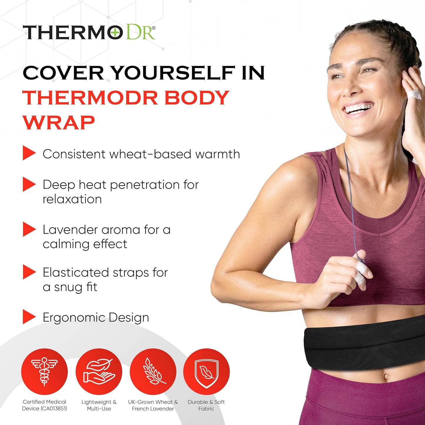 Microwavable Heating Pad for Neck, Back, & Shoulders - Heating Bean Bag Microwavable Pillow w/Elasticated Strap - Wheat & Unscented Heating Pad Wrap - ThermoDR, Black