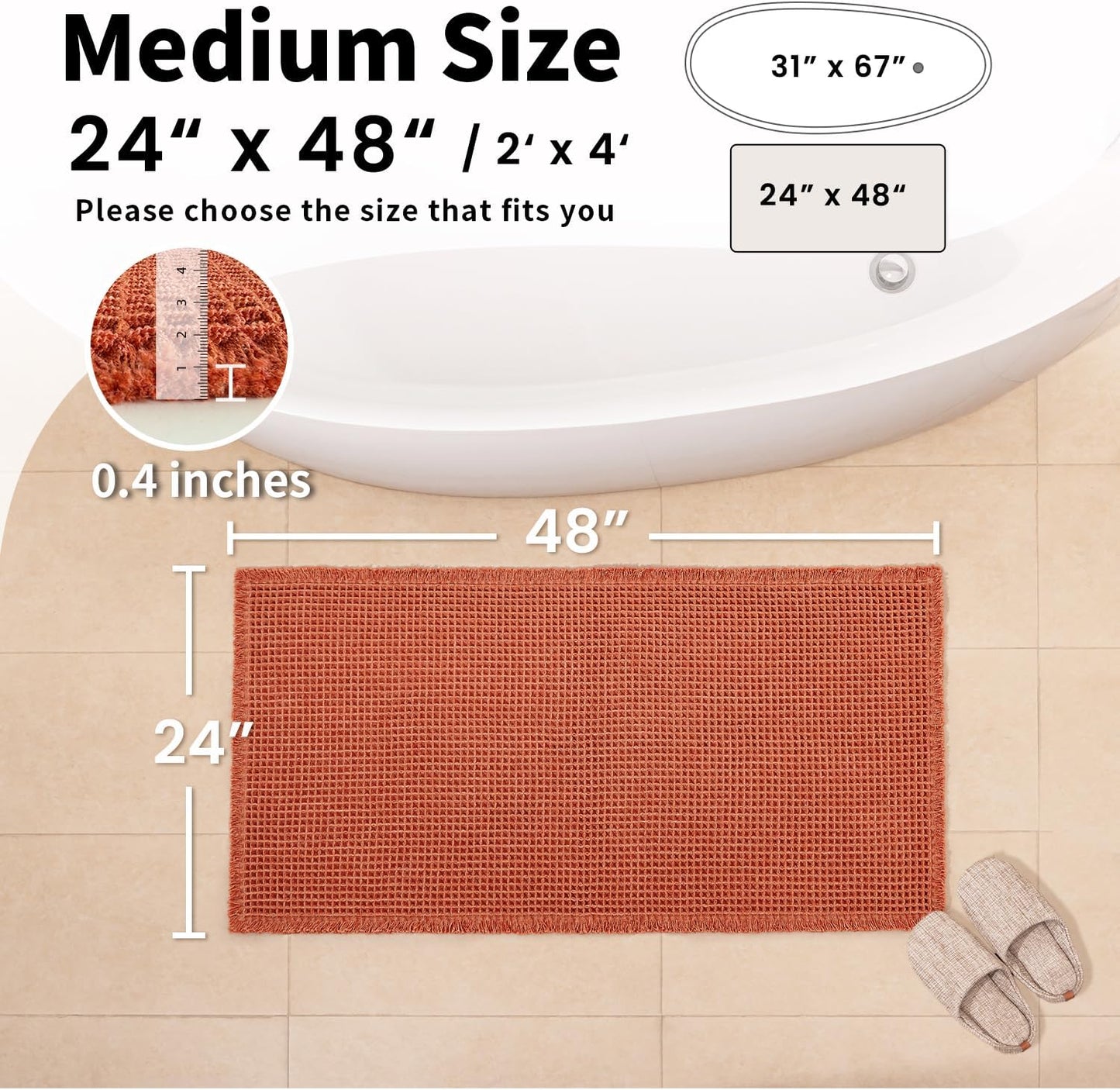 Waffle Bath Mat - Boho Bathroom Rugs Non Slip Washable, Super Absorbent & Quick Dry, Soft Bath Mat Farmhouse Bathroom Decor, 24'' x 48'', Dirty Orange