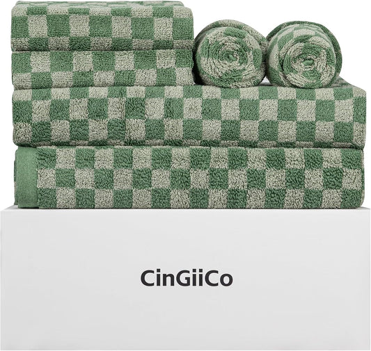 Checkered Bath Towels Set of 6 Large, 520GSM, 100% Cotton Shower Towels * 2 (55.12"*27.56"), Hand Towels * 4 (29.52"*13.77"),Towels for Bathroom、Pool、Hotel, Spa, Soft Absorbent（Dark Green