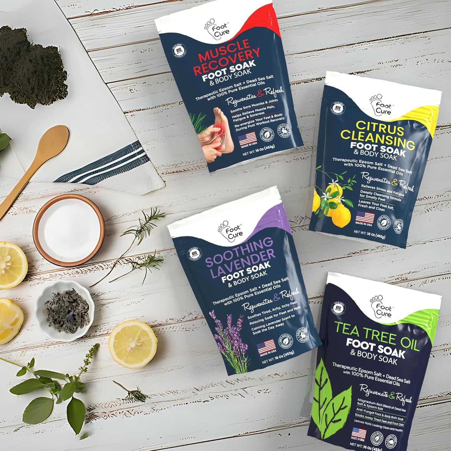 FOOT CURE Premium Epsom Salt Foot Soak - Tea Tree Oil Foot Soak for Athletes - Relaxing Foot Bath with Fungal Support - Foot Soaking Salts & Oils - Soothing for Tired Feet & Calluses (Pack of 4)