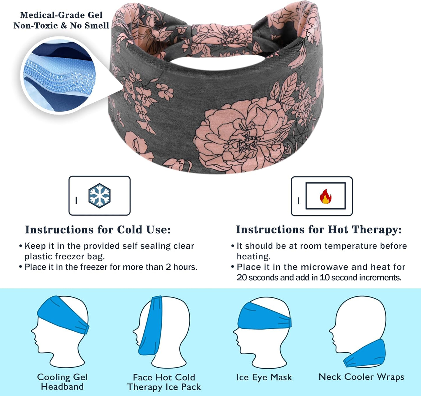 Crimmy Migraine Headache Relief Cap, Cooling Gel Headband Neck Wrap Hat Mask, Soothing Ice Pack Head Face Cold Compress for Tension Stress & Hangover (ice Grey Pink Flowers)