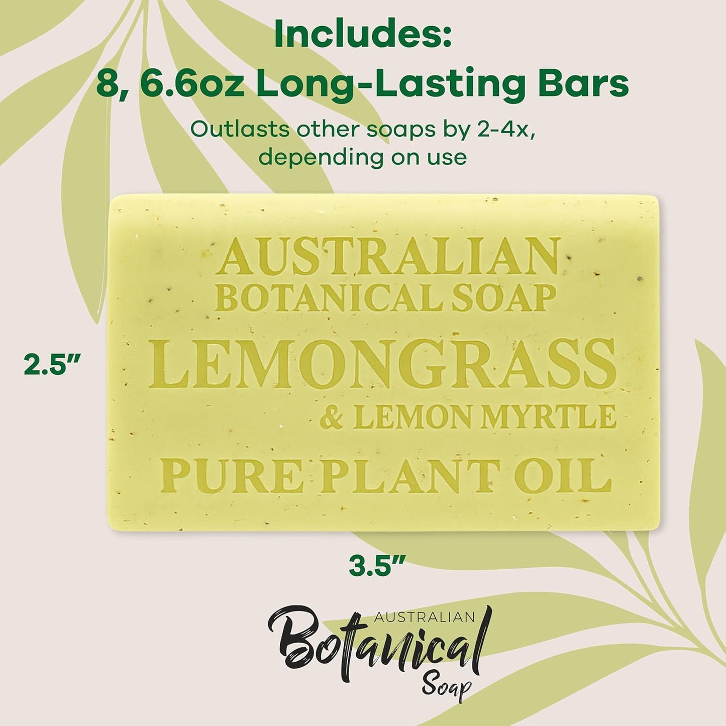 Australian Botanical Soap, 6.6 OZ, Lemongrass and Lemon Myrtle, Triple Milled Bars made with a Natural Soap Base and Enriched with Organic Shea Butter, Pack of 8