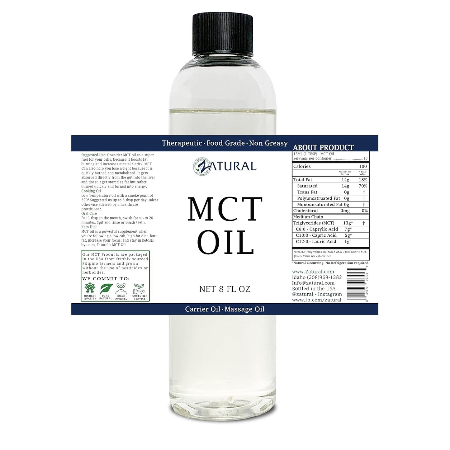 Pure MCT Oil, Carrier Oil, Massage Oil, Hydrating Oil, Hair Oil, Food and Therapeutic Grade, 8 Oz