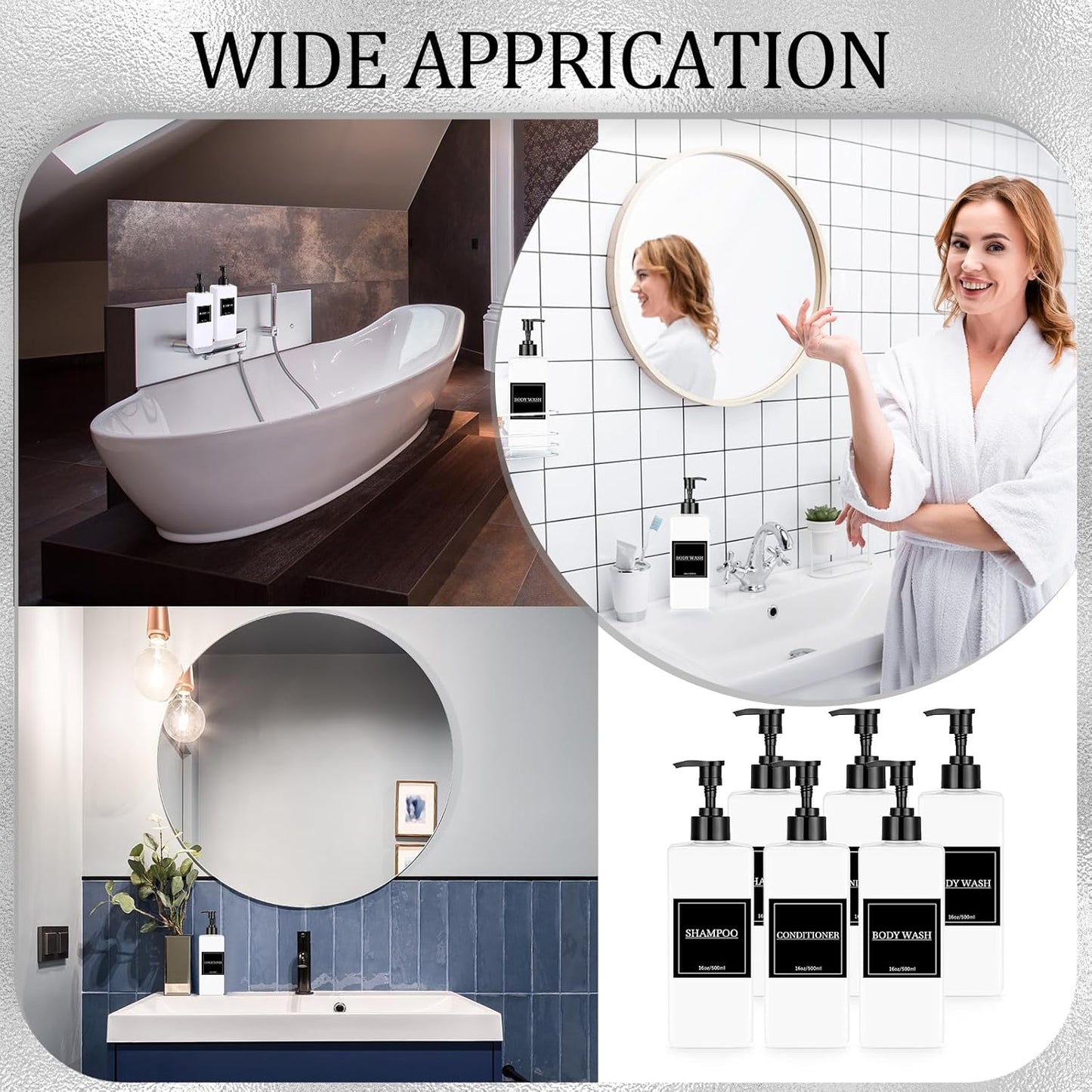 Tanlade 6 Pcs Shampoo and Conditioner Dispenser Bottles 16oz Modern Shower Soap Bottles with Pump, Labels and Marker Pen Easy to Refill Body Wash Dispensers for Home Bathroom Decoration (White)