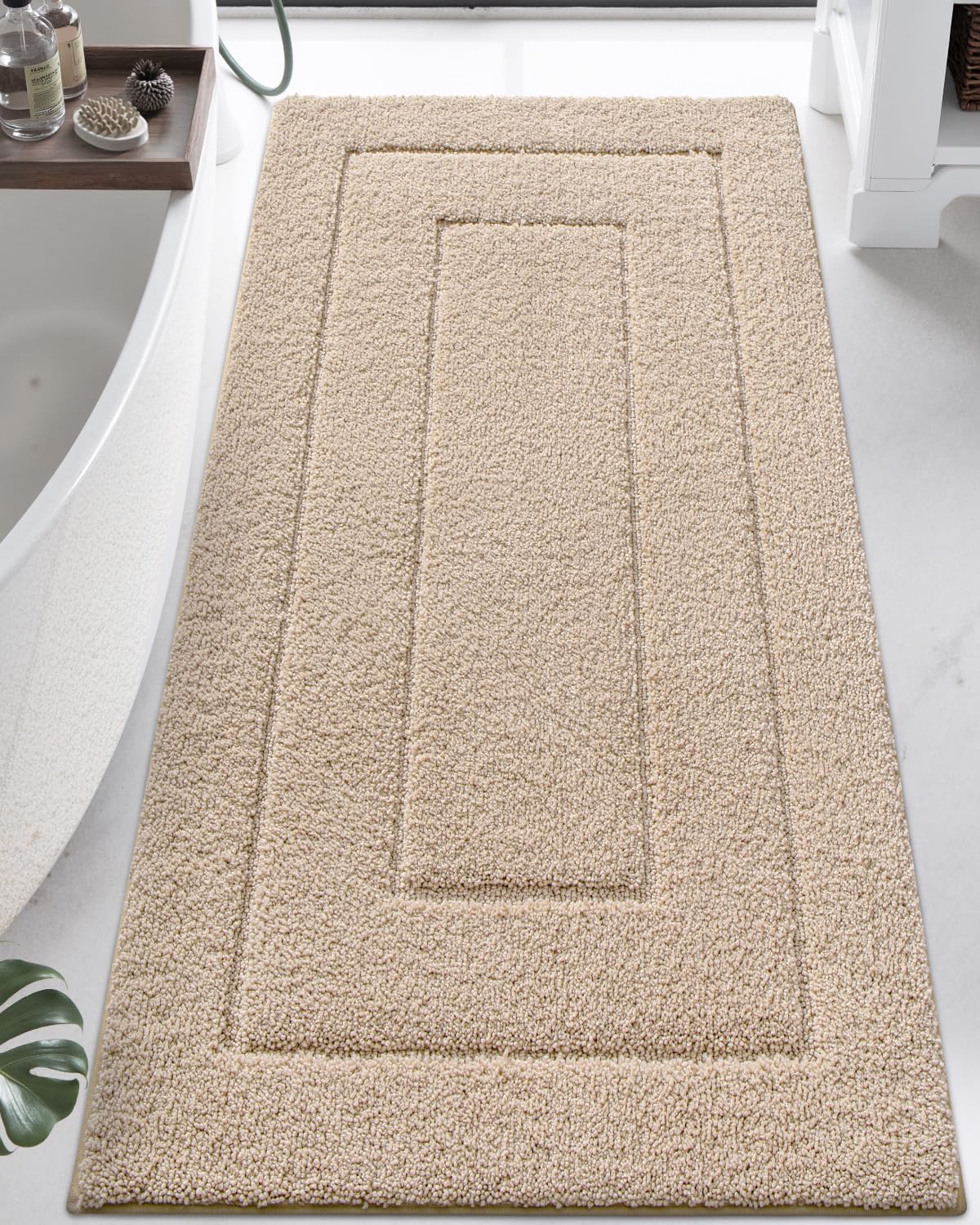 DEXI Bathroom Rug 60x24, Non Slip Washable Bath Mat Runner for Shower Floor, Extra Long Absorbent Soft Bathmat with Rubber Backing, Quick Dry Microfiber Carpet, Beige