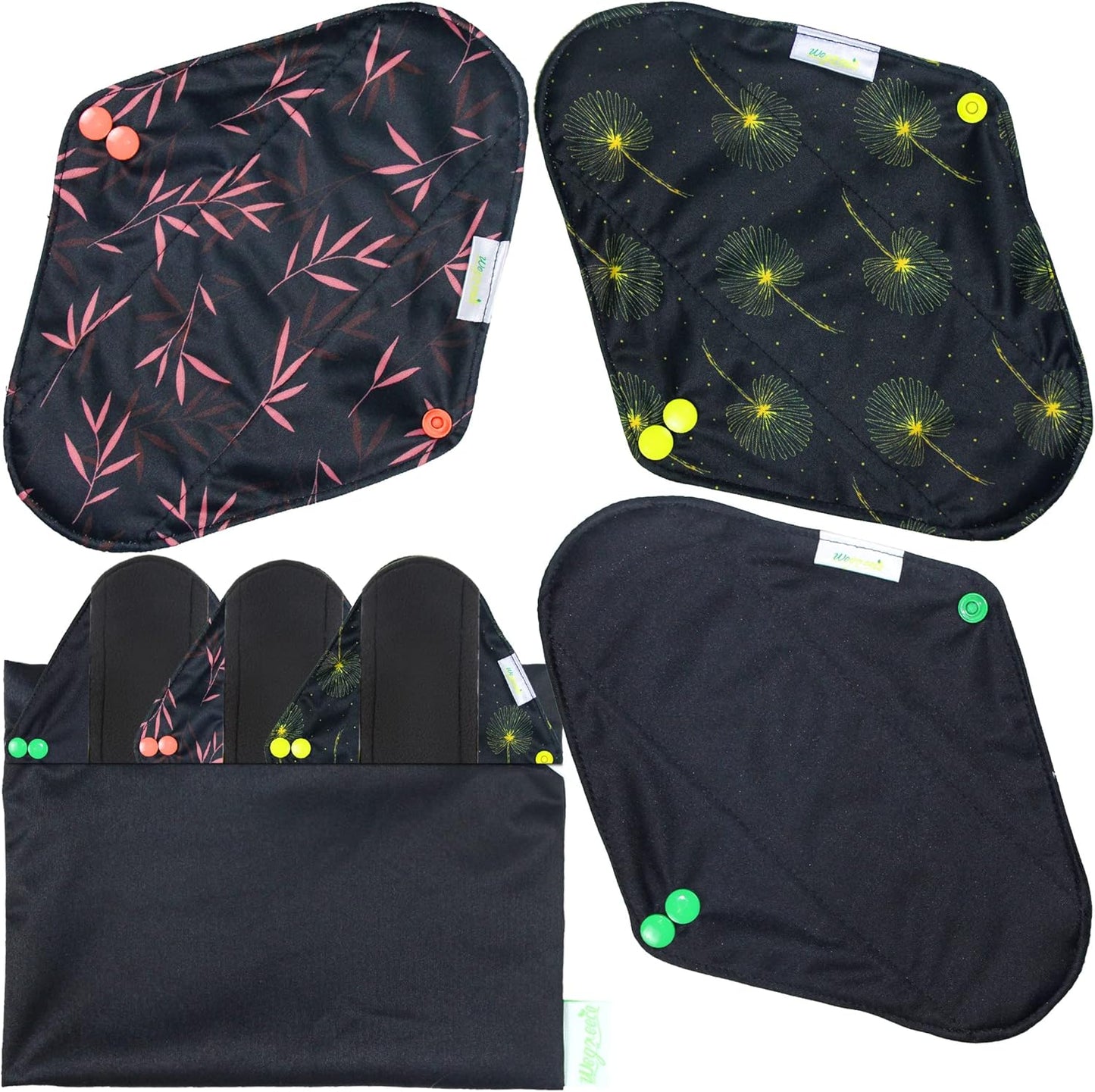 wegreeco Reusable Menstrual Pads - Reusable Sanitary Pads | Reusable Panty Liners | Soft Cloth Menstrual - 6 Pack with 1 Cloth Mini Wet Bag (Medium, Dandelion