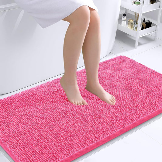 OLANLY Bathroom Rugs 44x24, Extra Soft Absorbent Chenille Bath Rugs, Rubber Backing Quick Dry, Machine Washable Bath Mats for Bathroom Floor, Tub and Shower, Home Decor Accessories, Hot Pink