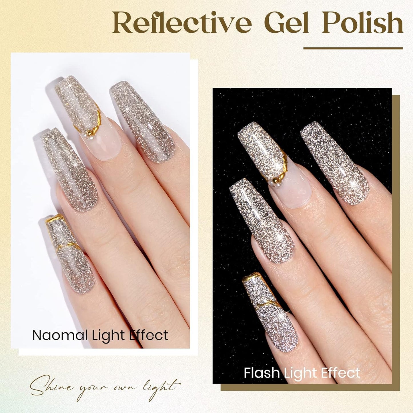 MIZHSE Reflective Glitter Gel Nail Polish, Light Gold Sparkly Shiny Gel Polish, Shimmer Nail Gel Soak Off Nail Art Manicure DIY at Home
