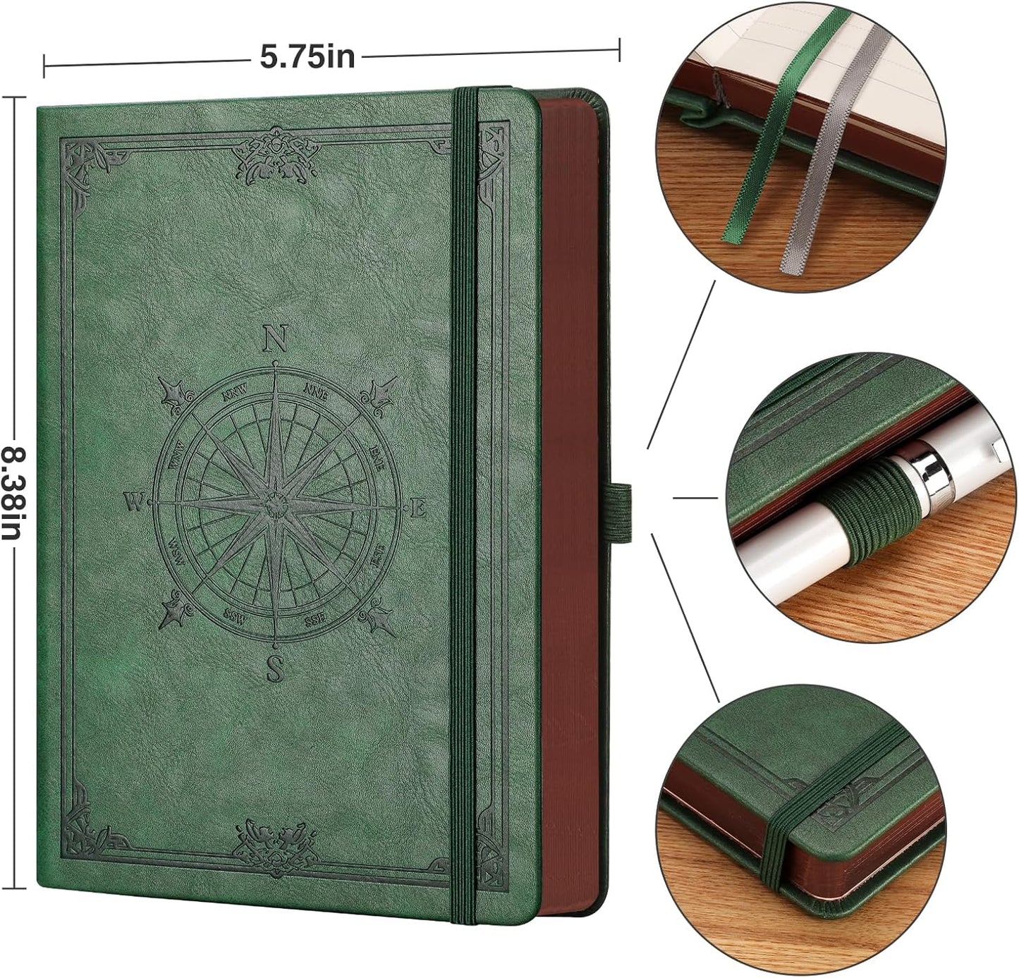 AHGXG Thick Journal Dotted Notebook for Men - 320 Numbered Pages A5 Notebook for Writing, 100gsm Dot Paper, Vintage Leather Hardcover, for Women Work Office School, 5.75'' X 8.38''- Dark Green