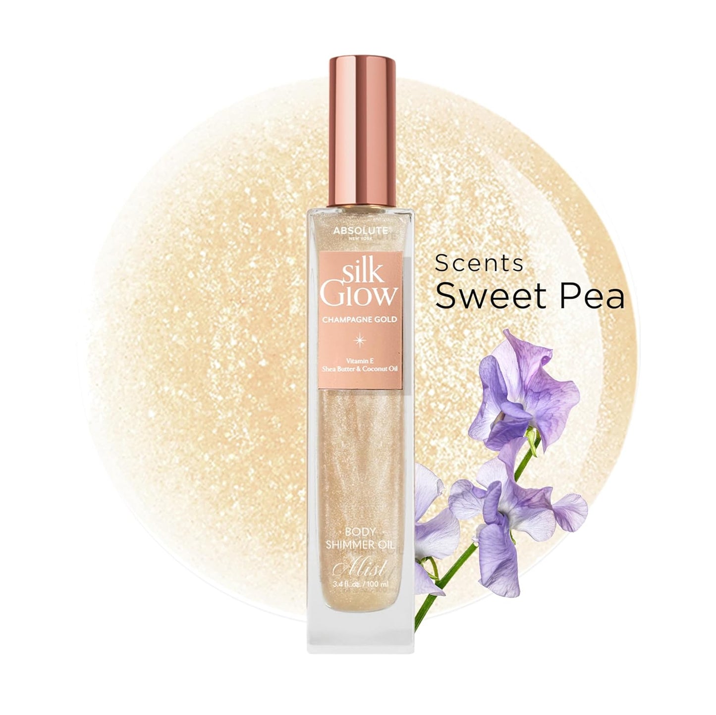 Absolute New York - Silk Glow Shimmer Mist Glow, Radiant, Shimmer Body & Face & Hair, Shea Butter, Coconut Oil, Vitamin E (SBGS03 Champagne Gold Mist, 3.4 fl oz)