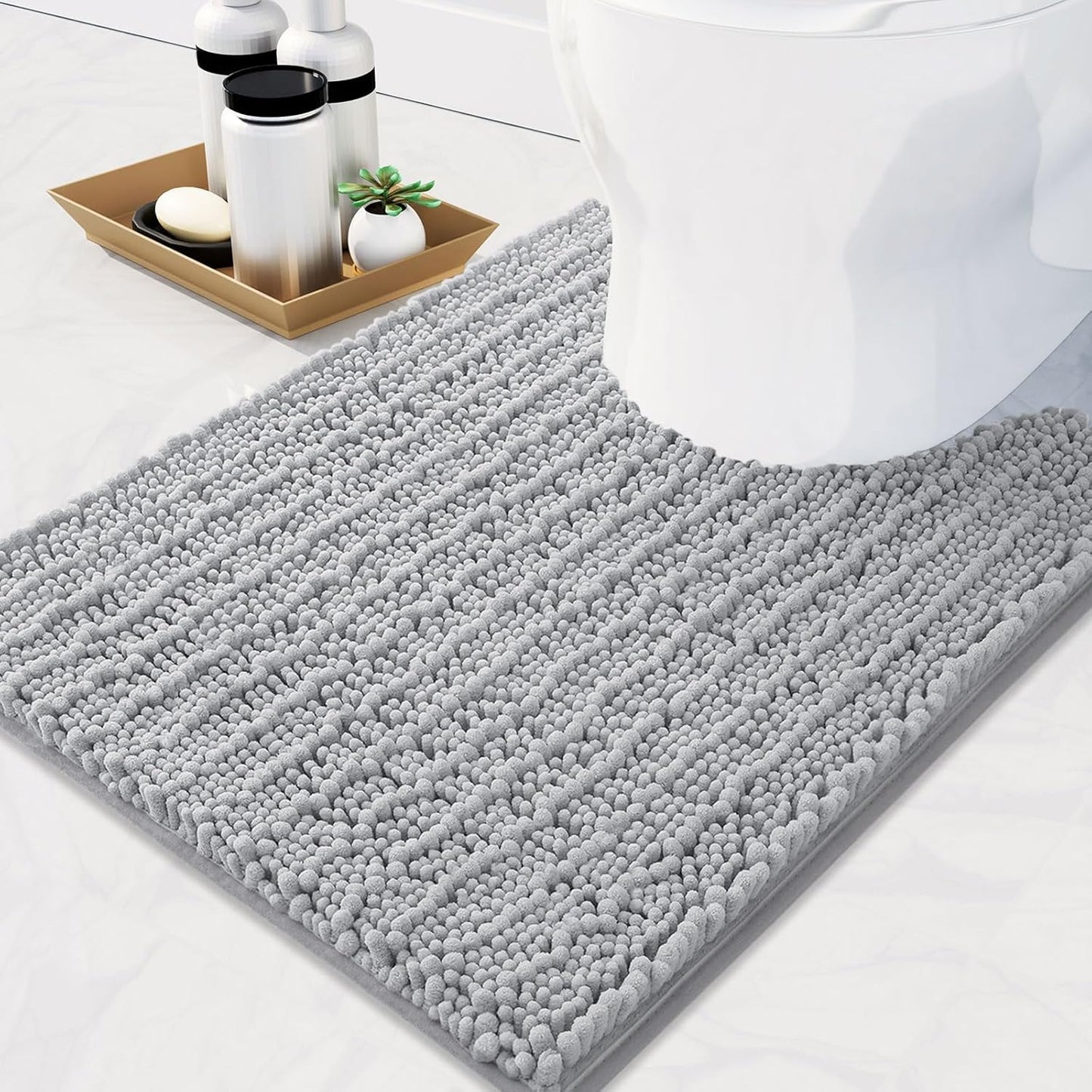 Arotive Luxury Chenille Toilet Rugs U-Shaped, Extra Soft Thick Absorbent Bathroom Mat, Non-Slip Shaggy Plush Contour Rugs, Machine Wash Dry Bath Mat for Toilet Base, 20x20, Light Grey
