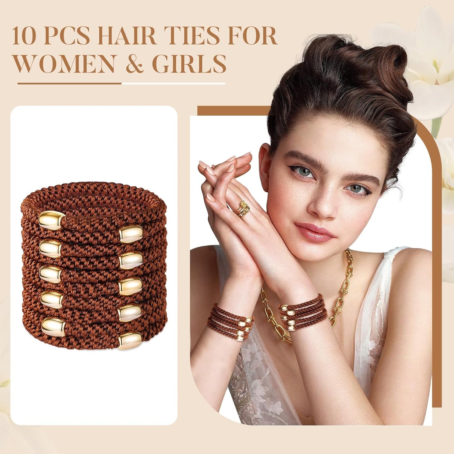 Hair Ties No Damage - 10PCS Ponytail Holders - Elastic Hair Ties for Thick Hair - Braided Hair Bands for Women Girls's Hair - Brown