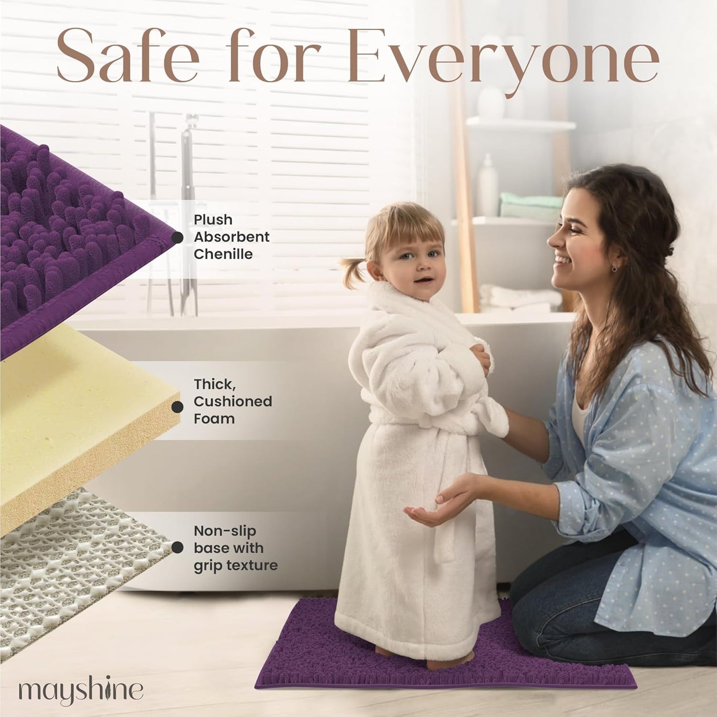 MAYSHINE Plush Shaggy Chenille Bath Mat | Extra Soft, Super Absorbent, Non-Slip Bathroom Rug | Fluffy Microfiber, Area Rug Sets for Bathroom Floor, Kitchen, Living Room | 59"x31" | Plum