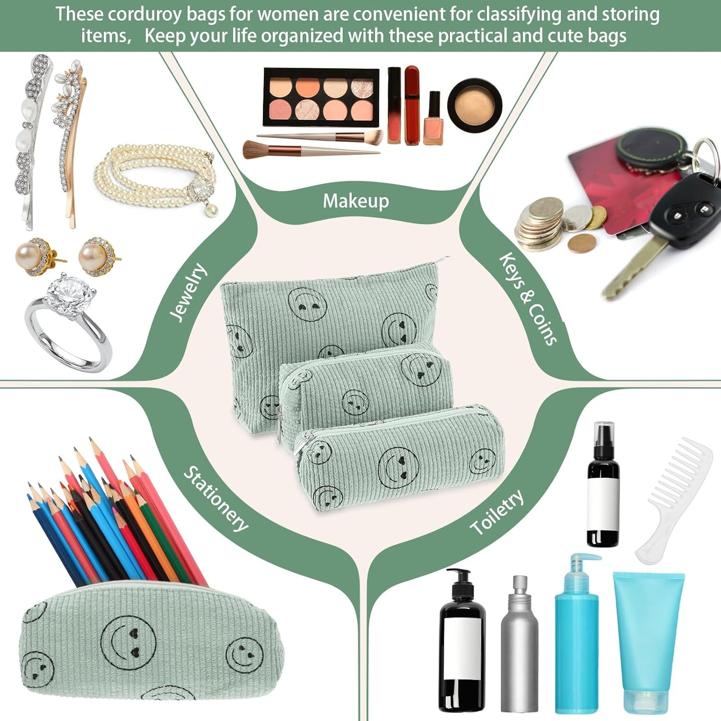 3 Pcs Makeup Bag Set for Women Corduroy Cosmetic Pouch Aesthetic Smile Travel Toiletry Bag Cute Purse Pouch Pencil Case Makeup Brushes Storage Organizer for Christmas(Green,Smile Face)