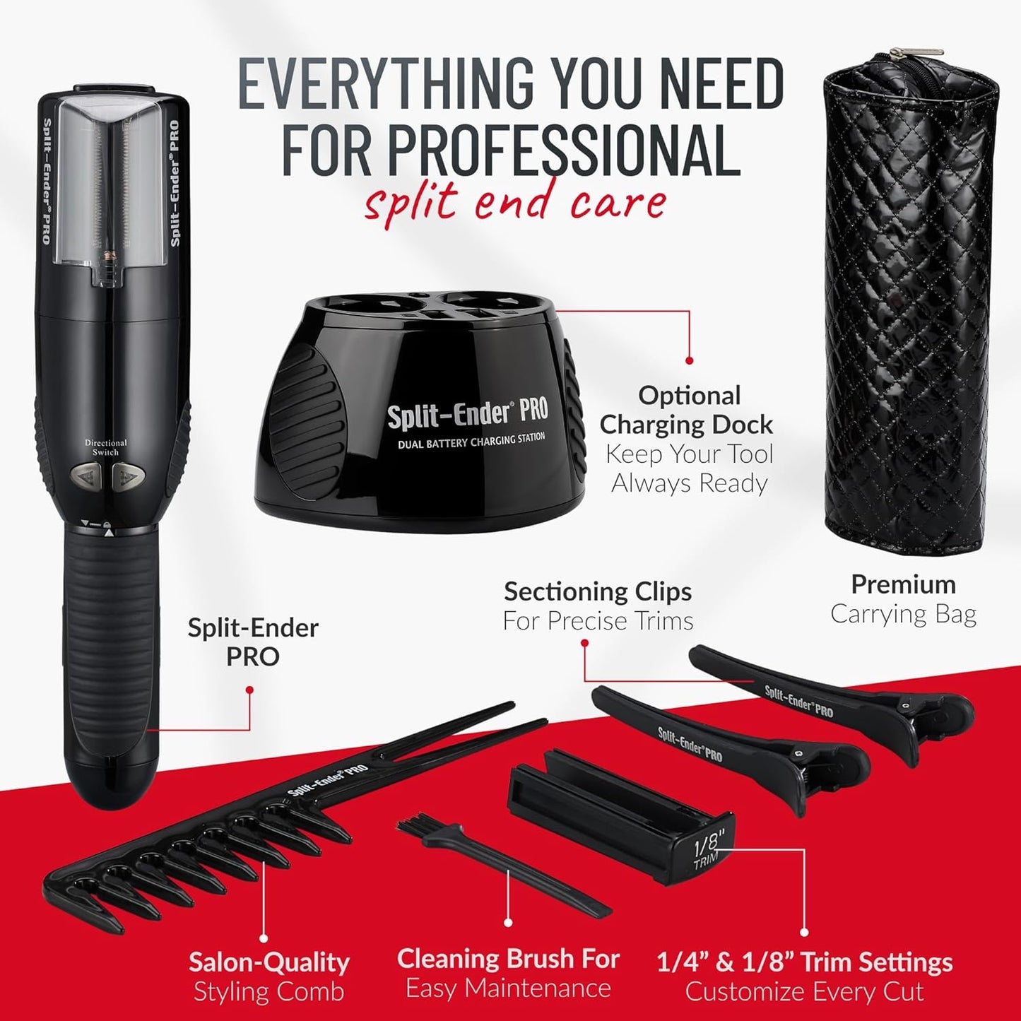 Split Ender PRO - Professional Hair Trimmer with Charging Station, Automatic Split End Remover for Frizzy, Dry, Damaged, Colored, Broken, Curly, Straight or Bleached Hair Types, Hair Styling Tool