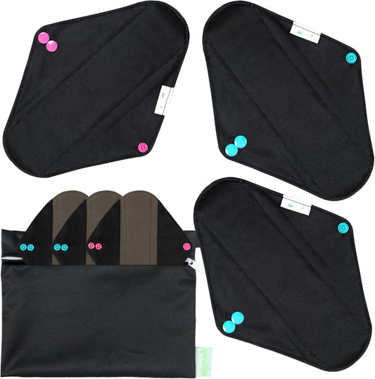 wegreeco Charcoal Reusable Menstrual Pads - Reusable Sanitary Pads | Reusable Panty Liners | Soft Cloth Menstrual Pad- 6 Pack with 1 Cloth Mini Wet Bag (Large, Black)