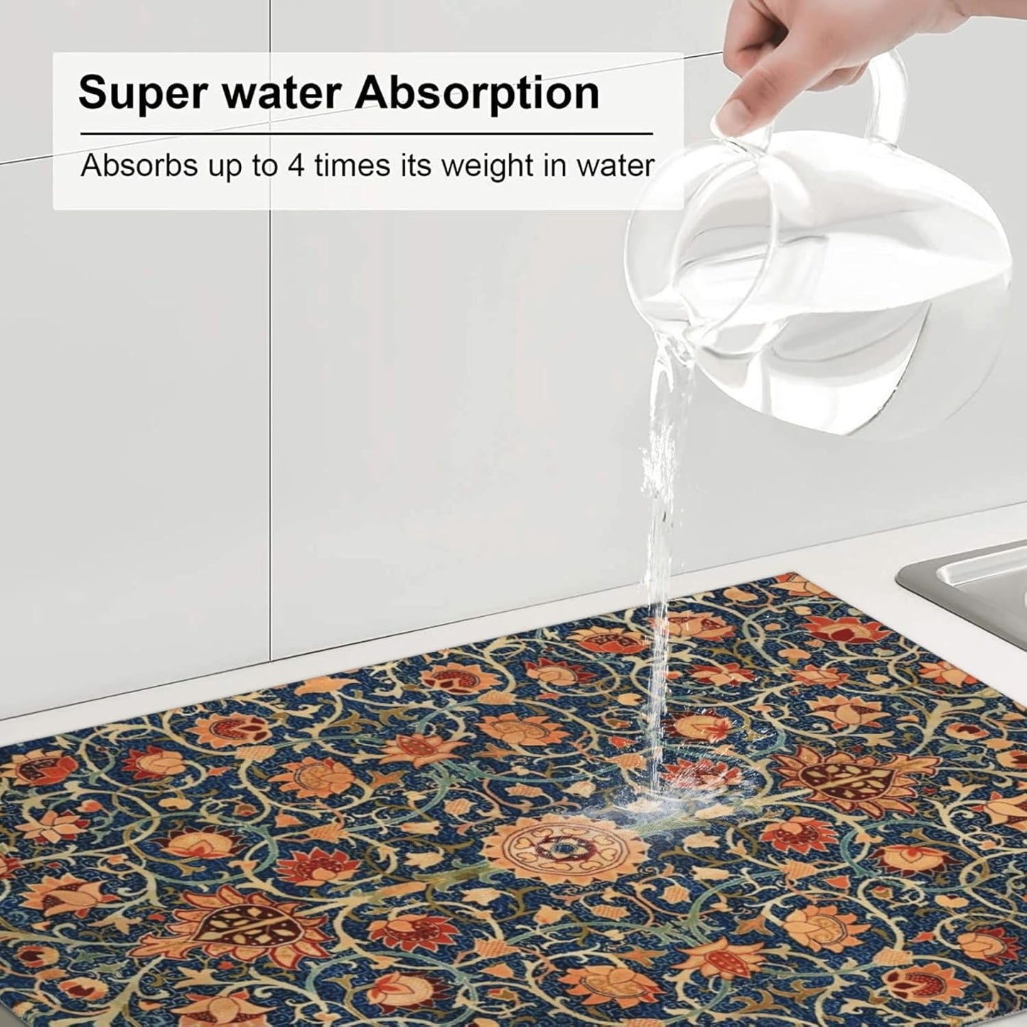 Floral Dish Drying Mat for Kitchen Counter, 18x24 Inch William Morris Boho Style Absorbent Dish Drying Pad Heat Resistant Mat Coffee Bar Mat Dish Drainer Rack Mat