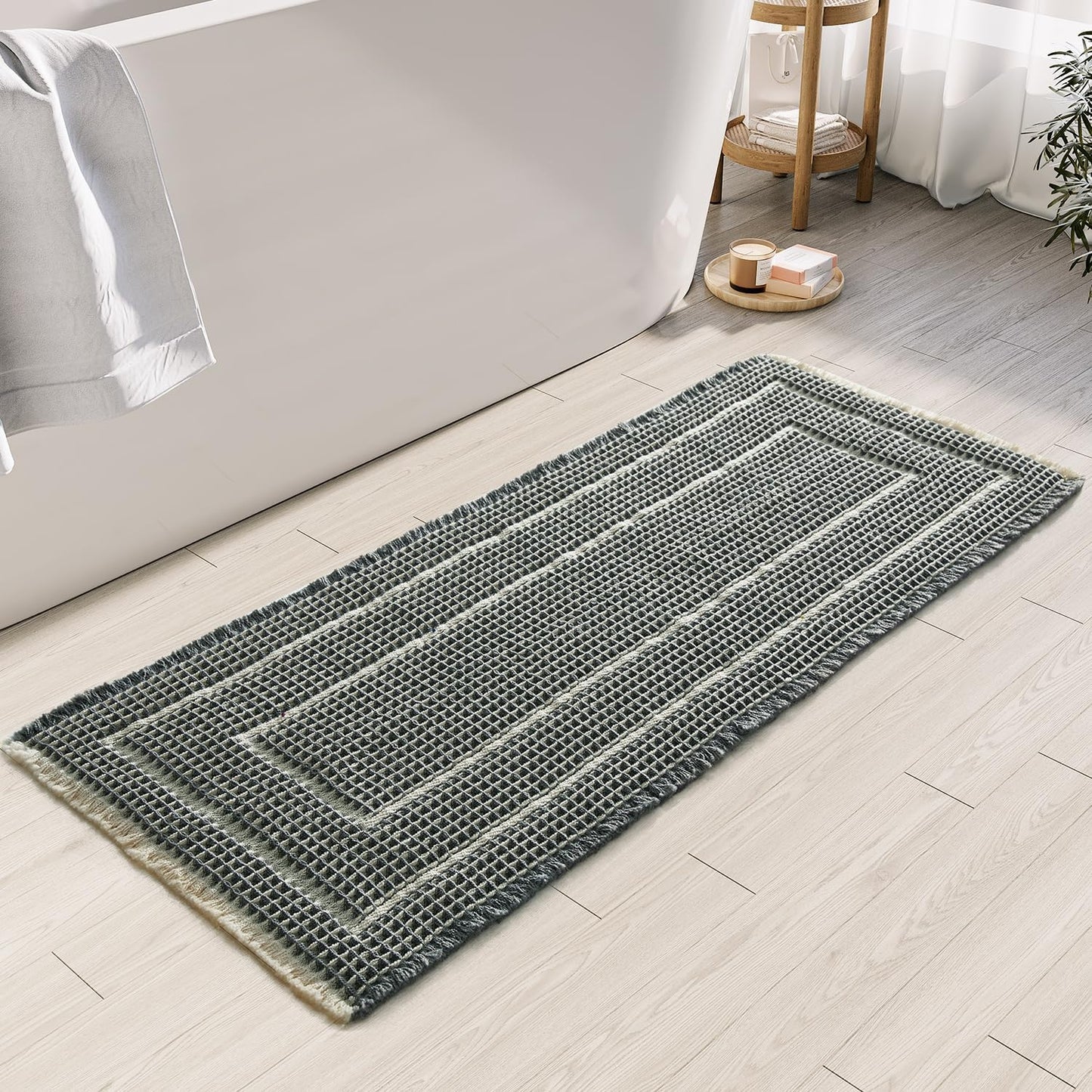 Woven Bath Mat, Upgraded Self Drying Non Slip Mat, Washable for Floor, Ultra Soft, Bluish Grey & Yellow, 19"*48" Waffle Weave