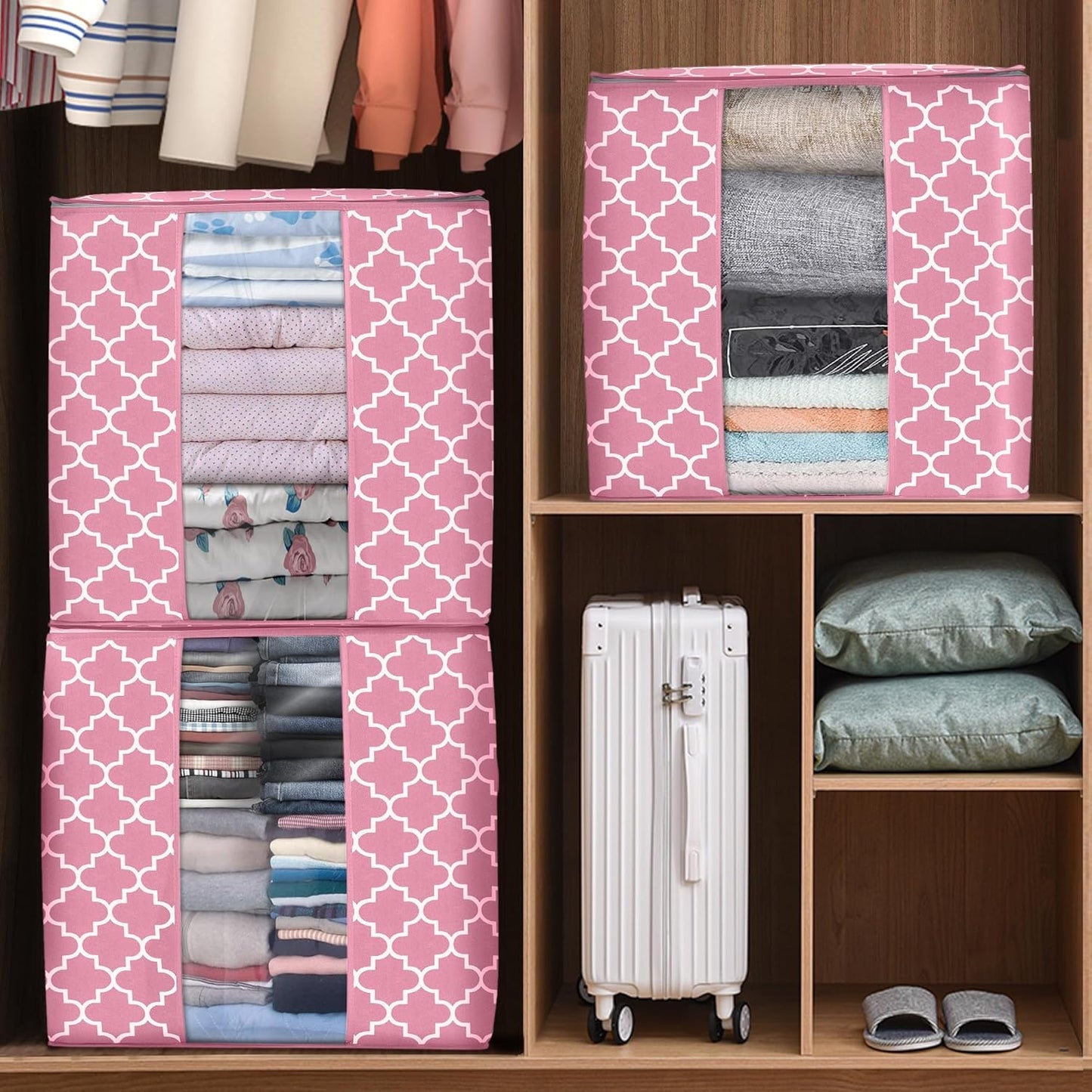 WISELIFE Storage Bags 4 Pack/100L Large Blanket Clothes Organization and Storage Containers for Comforters,Bedding, Foldable Organizer with Reinforced Handle, Clear Window, Sturdy Zippers,Pink