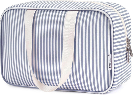 Full Size Toiletry Bag Women Large Cosmetic Bag Travel Makeup Bag Organizer Medicine Bag for Toiletries Essentials Accessories (Greyish Blue Stripe, Large)