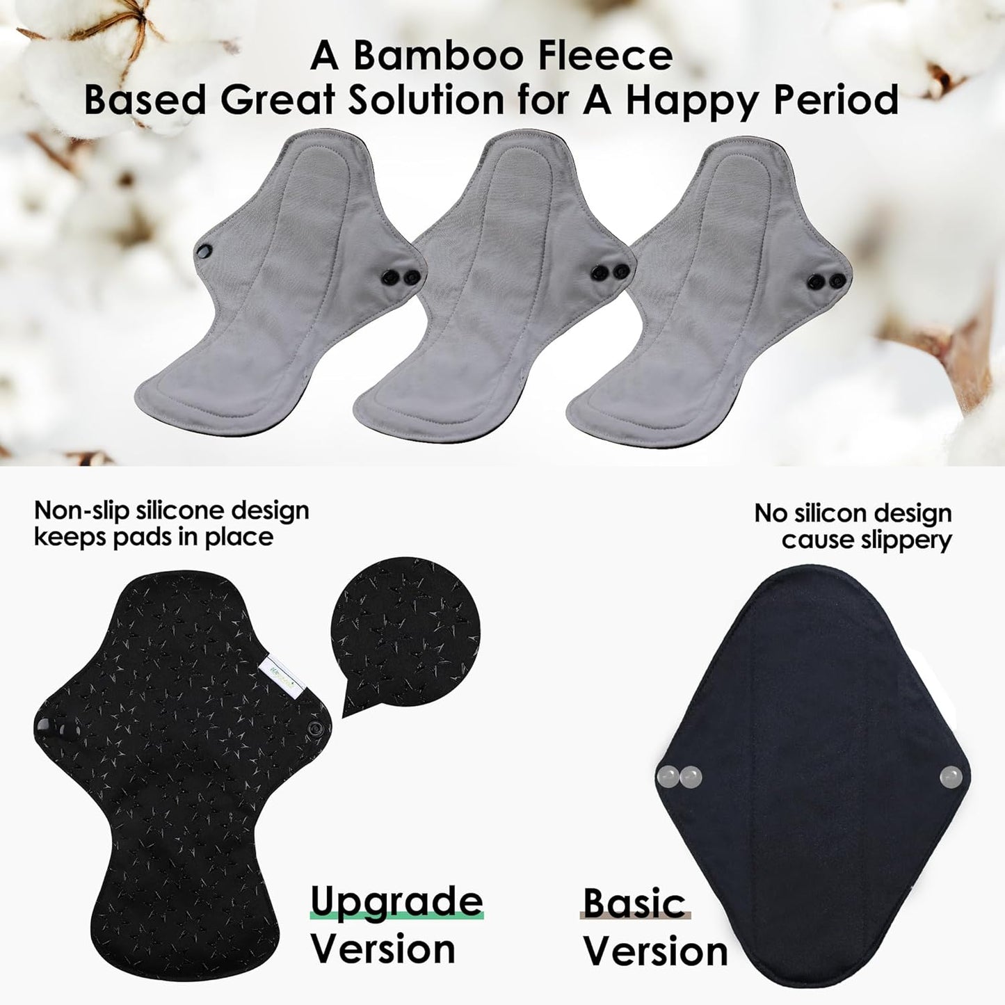 wegreeco 6 Pcs Reusable Menstrual Pads, Ultra Absorbent Cloth Pads for Heavy Flow, Sanitary for Teens, Women, Nonslip, Grey Inner, Black Outer, Medium