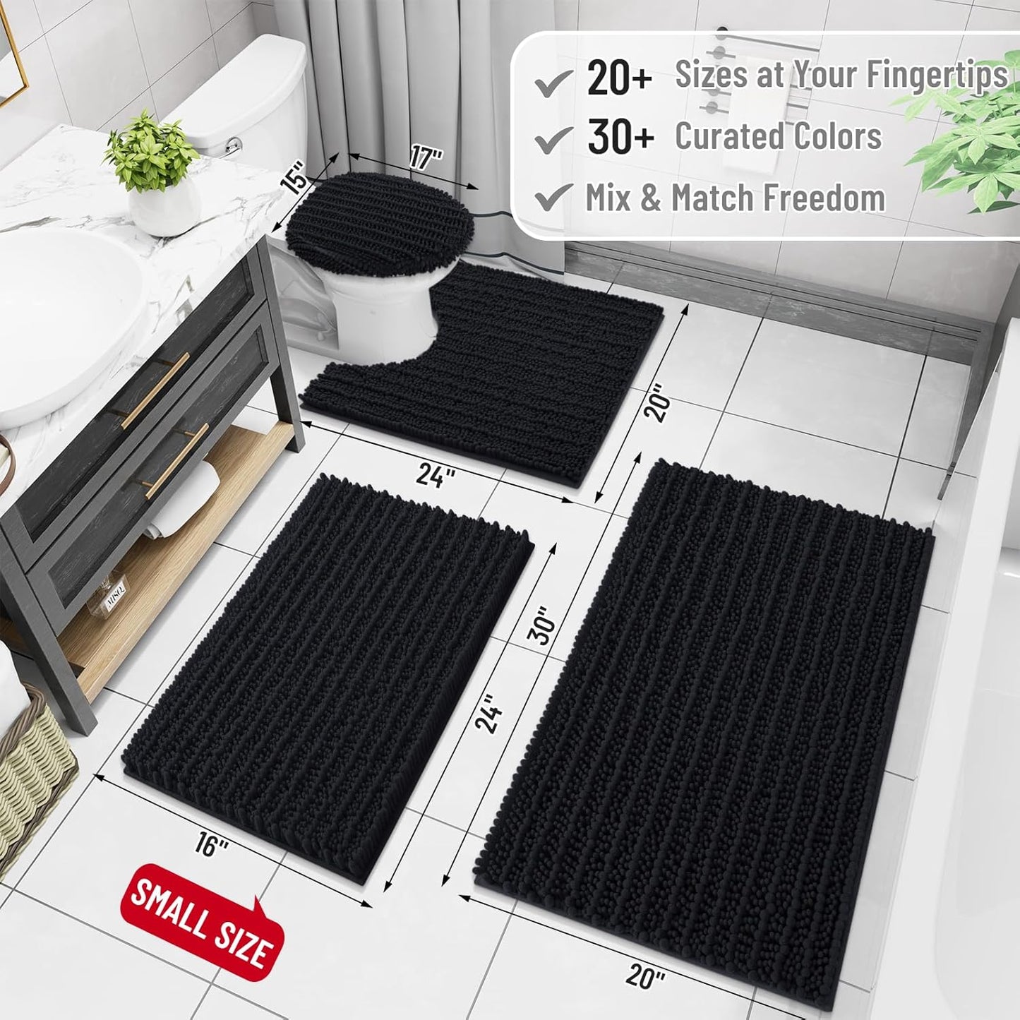 Arotive Luxury Chenille Bathroom Rug Mat, Extra Soft Thick Absorbent Shaggy Bath Rugs, Non-Slip Machine Wash Dry, Plush Bath Mats for Bathroom, Shower and Tub, 50x30, Black