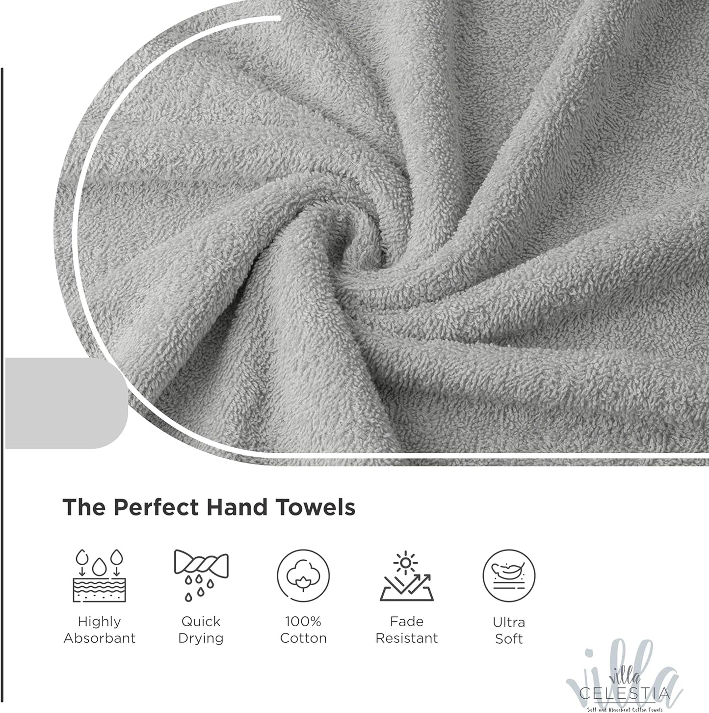 Premium Silver Hand Towel-100% Cotton Hand Towels for Bathroom 650 GSM Soft Silver Hand Towels Absorbent & Fast Drying Bath Hand Towels-Elegant Salon Spa Hotel Hand Towel Set of 4 (16''x 28'')