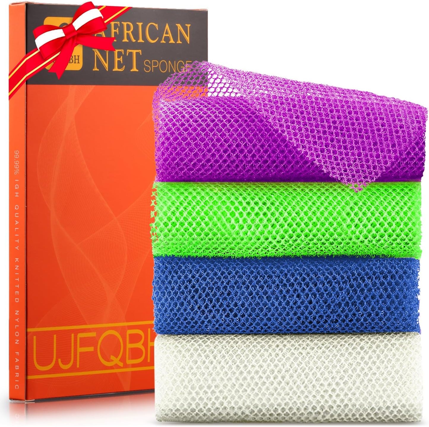 UJFQBH 4 Pieces African exfoliating net African Net Long Net Bath Sponge Exfoliating Shower Body Scrubber Back Scrubber Skin Smoother,Great for Daily Use (Purple, Blue, Green, White)