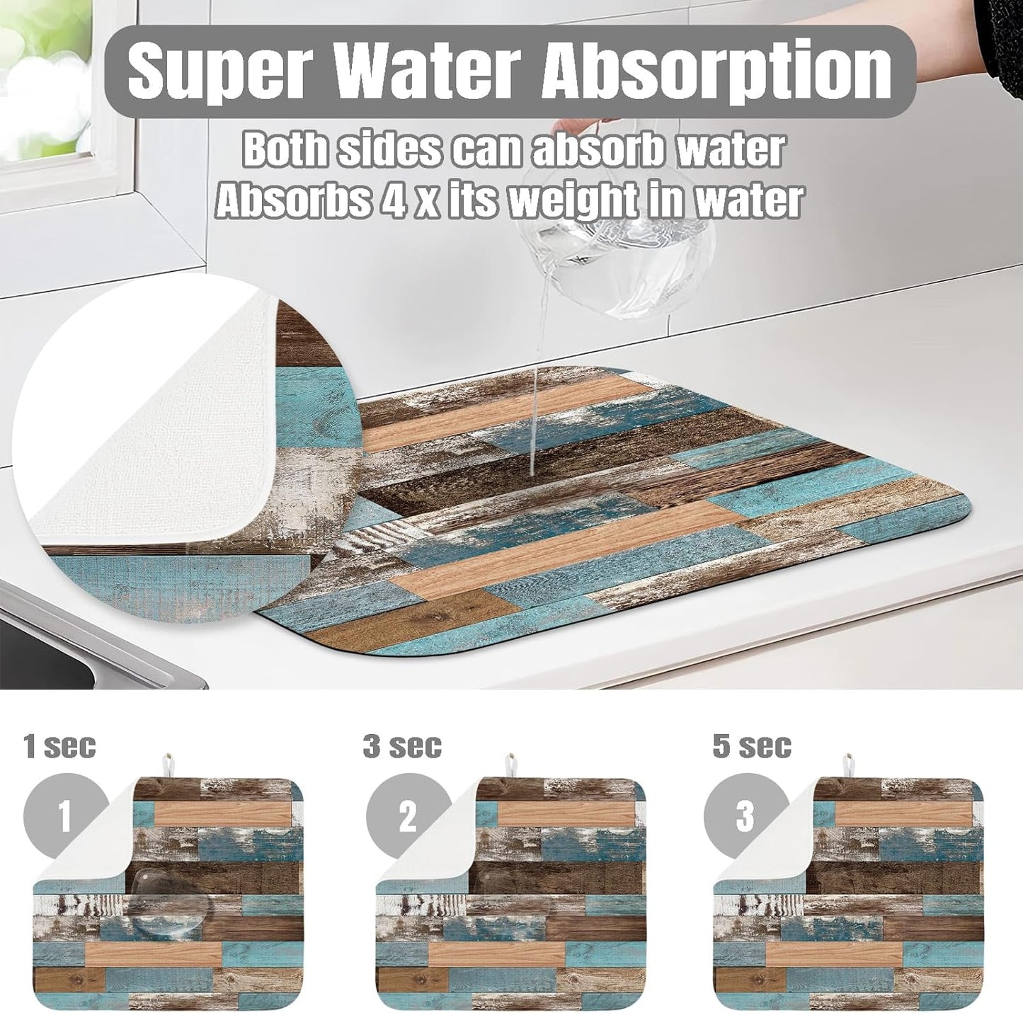 Dish Drying Mat for Kitchen Counter Large 16" x 18" Farmhouse Rustic Wood Absorbent Microfiber Dishes Drainer Rack Mats Pad Reusable Washable