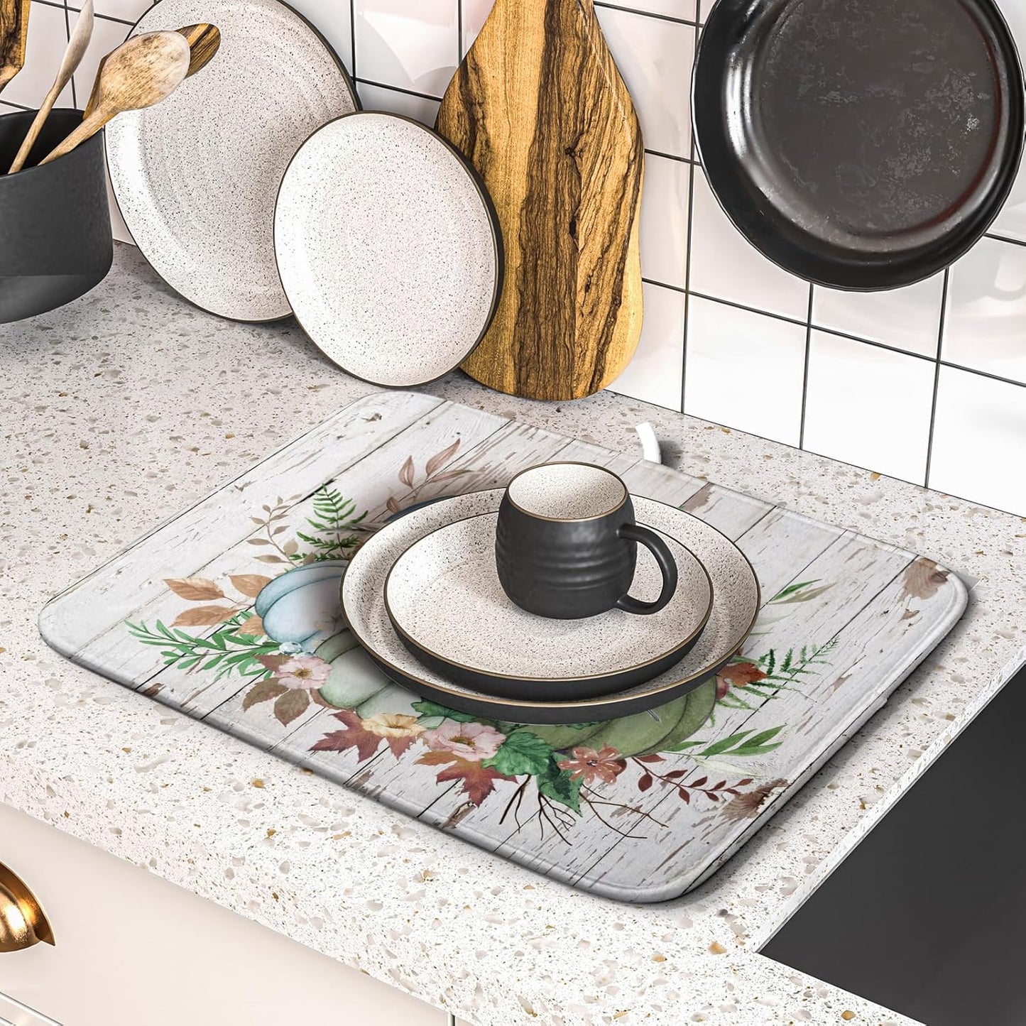 Fall Blue Pumpkin Dish Drying Mat 16x18 inch Autumn Harvest Dish Rack Mats Reversible Microfiber Drainer Pad for Kitchen Countertop Decor