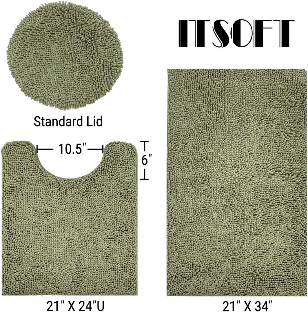 ITSOFT 3pc Non-Slip Shaggy Bathroom Mat Set, Includes 24 x 21 Inches U-Shaped Contour Toilet Rug, 34 x 21 Inches Bathmat and 1 Toilet Lid Cover, Sage Green