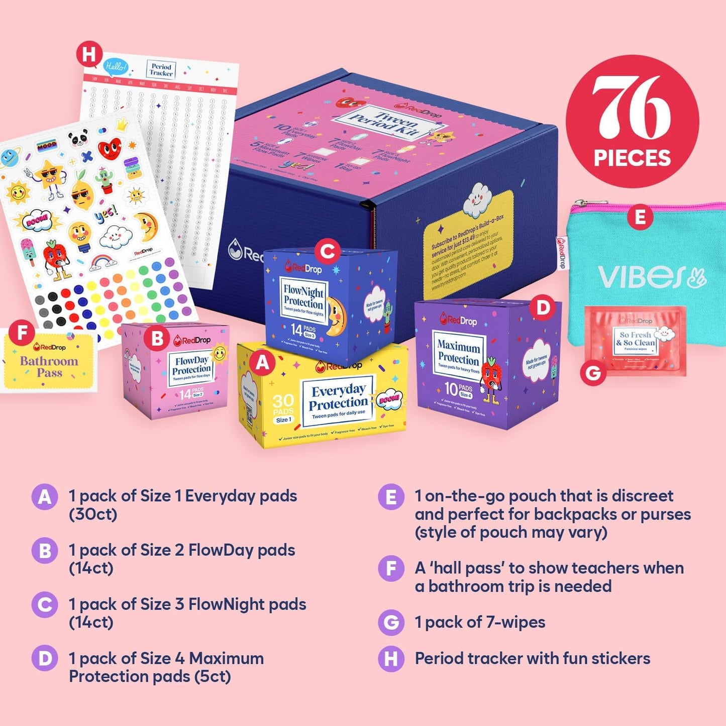 RedDrop Tween Period Kit |76 Pieces First Period Kit for Girls 9-12 | Contains 30 Everyday, 14 FlowDay, 14 FlowNight and 10 Maximum Pads with Wings, 7 Feminine Wipes, Pouch and More