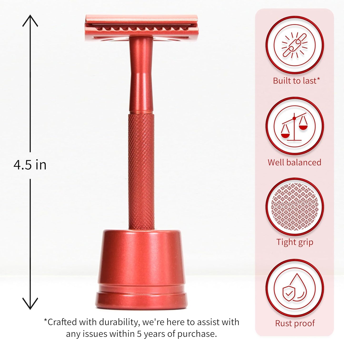 Bambaw Double Edge Safety Razor with Stand, Safety Shaving Razor with 5 Double Edge Safety Razor Blades, Eco-Friendly Razor for Shaving – Red