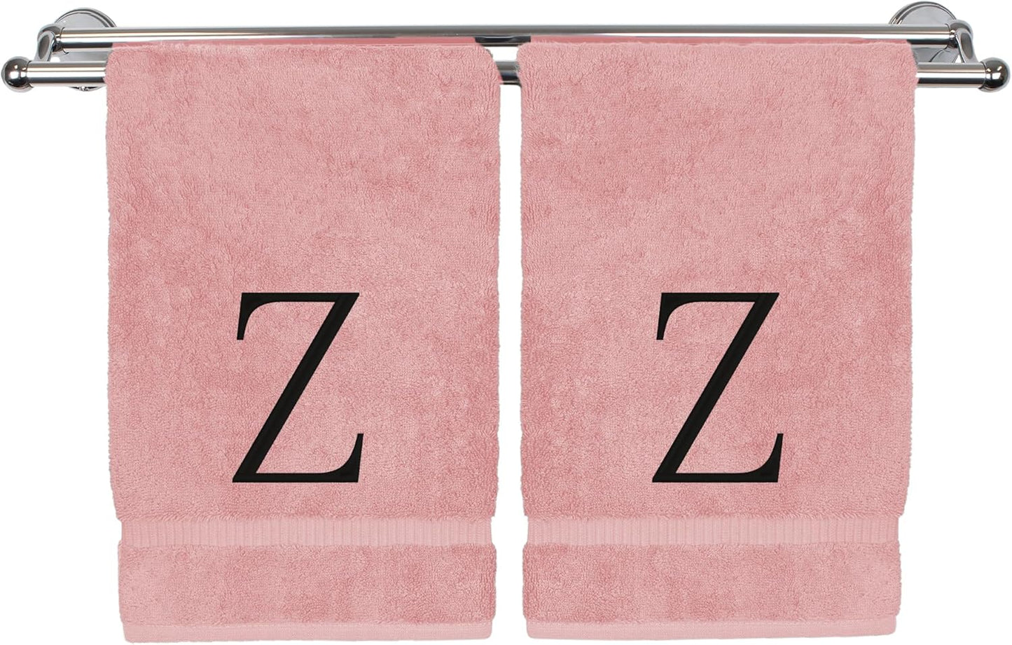 Monogrammed Hand Towel, Personalized Initial Gift, Extra Absorbent 100% Turkish Cotton - Soft Terry Finish - Set of 2 - Black Block Initial Z - Embroidered on Pink Towels